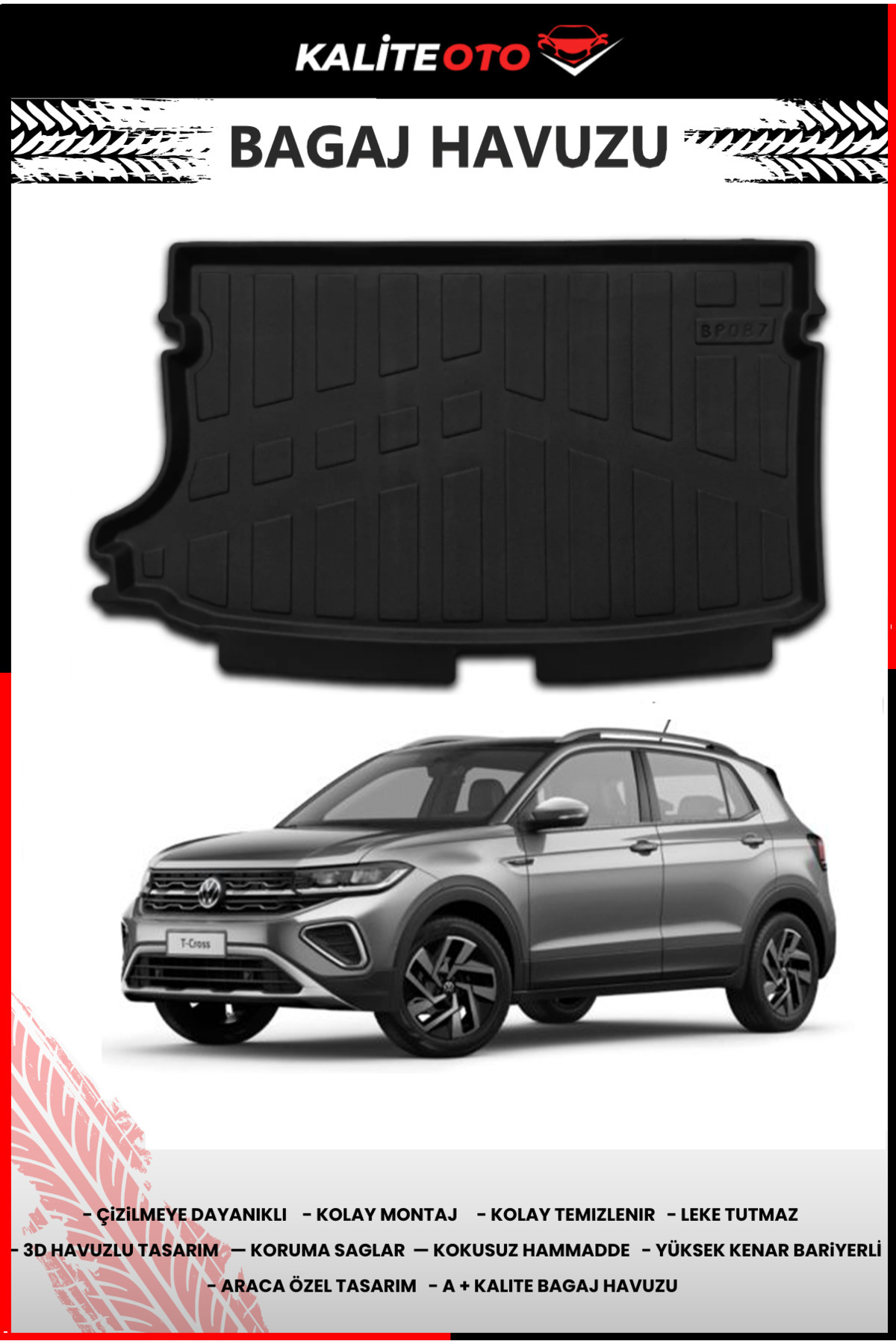 ko kaliteoto Volkswagen T-Cross 2025 Model 4D Araca Özel Üst Kademe Bagaj Havuzu Paspası