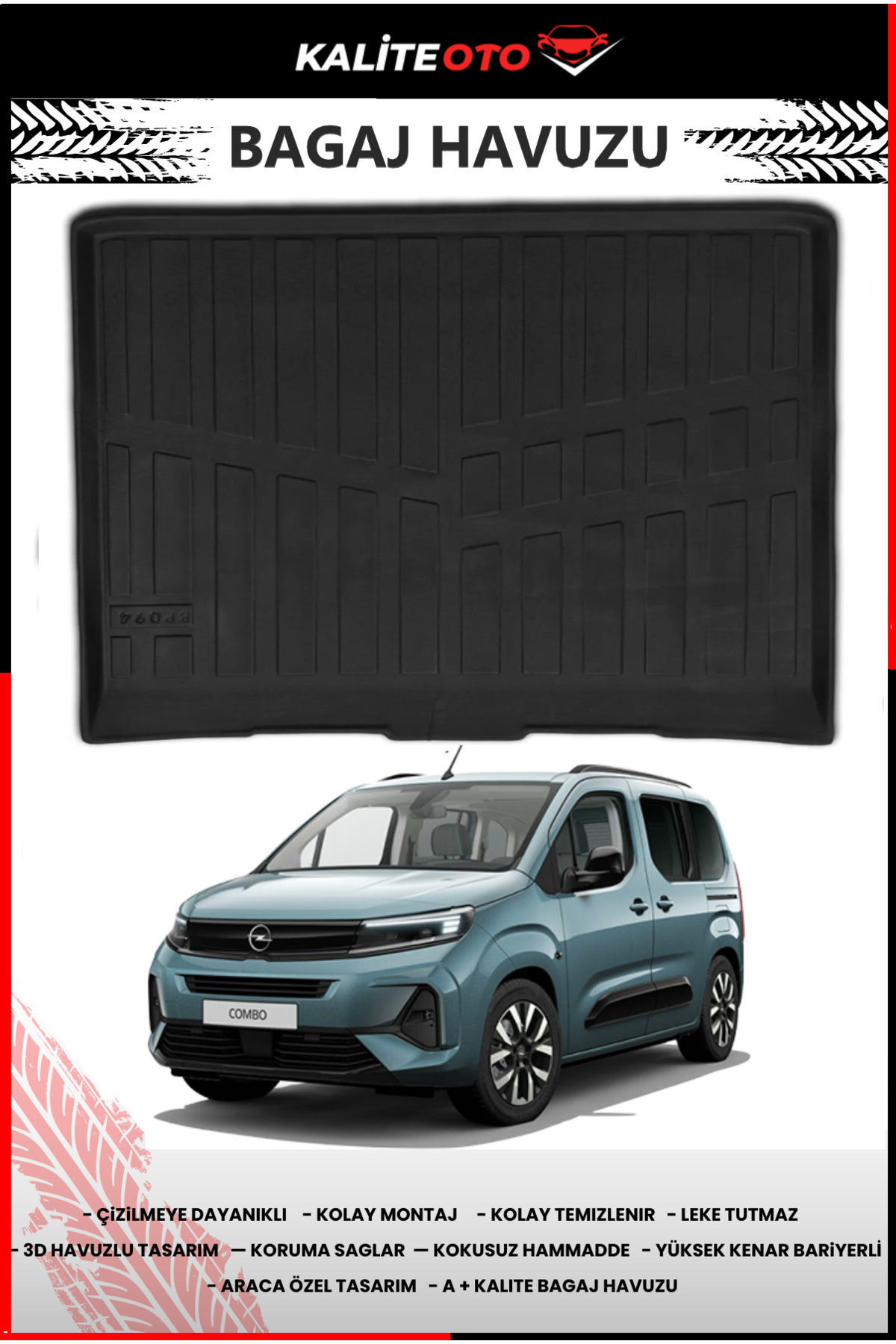 ko kaliteoto Opel Combo 2025 Model Yeni Logolu 4D Araca Özel Bagaj Havuzu Paspası