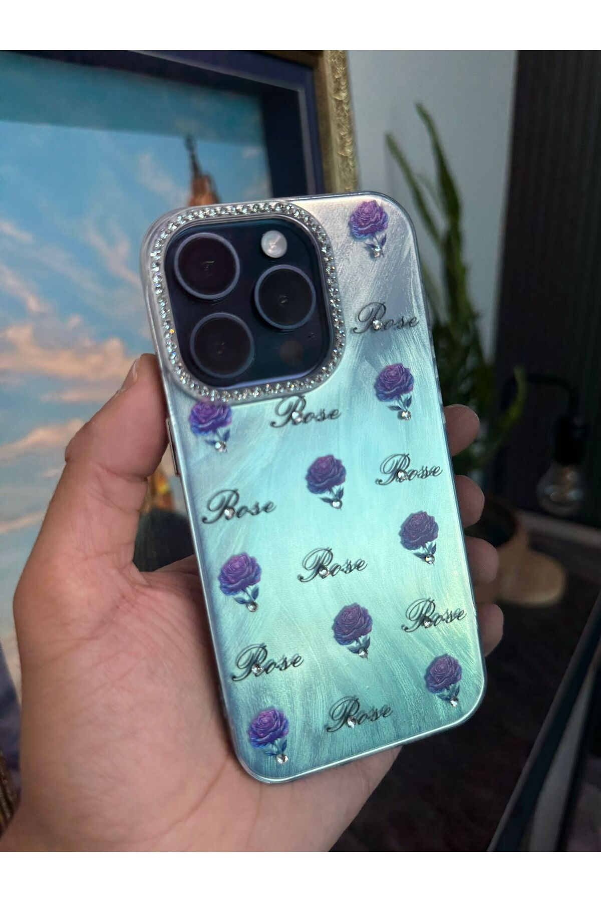 m.tk moveteck-iPhone 16 Pro Max Case Camera Frame Stone Back Hologram 3D Pattern Color Reflection Figure Cover 3