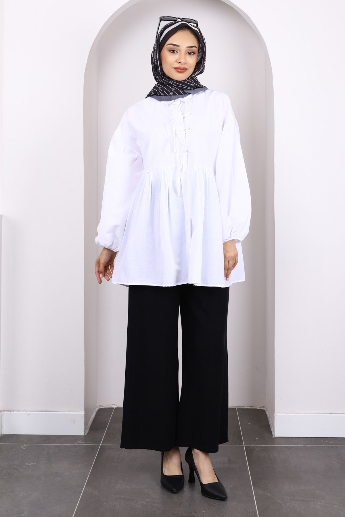 İmajButik-Ecru Sleeve Elastic Front Buttoned Tunic 2