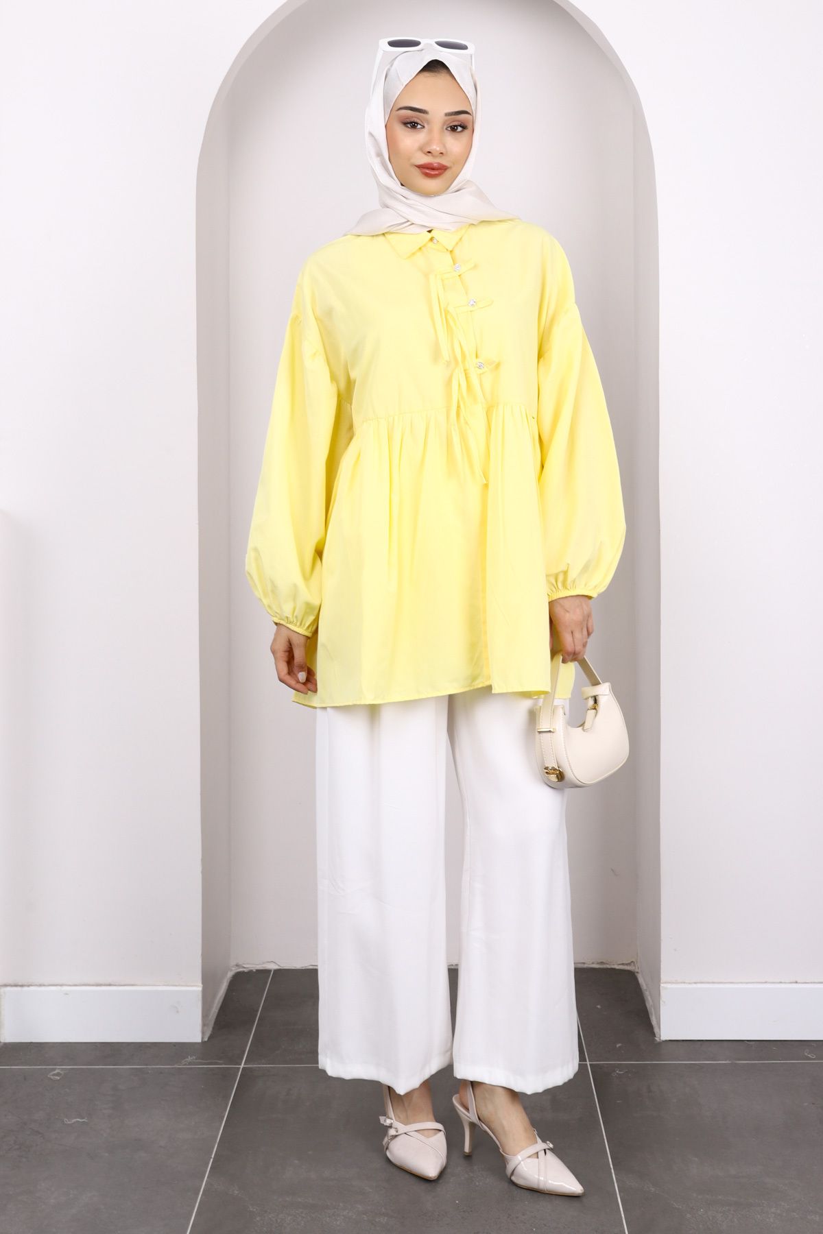 İmajButik-Yellow Sleeve Elastic Front Buttoned Tunic 2