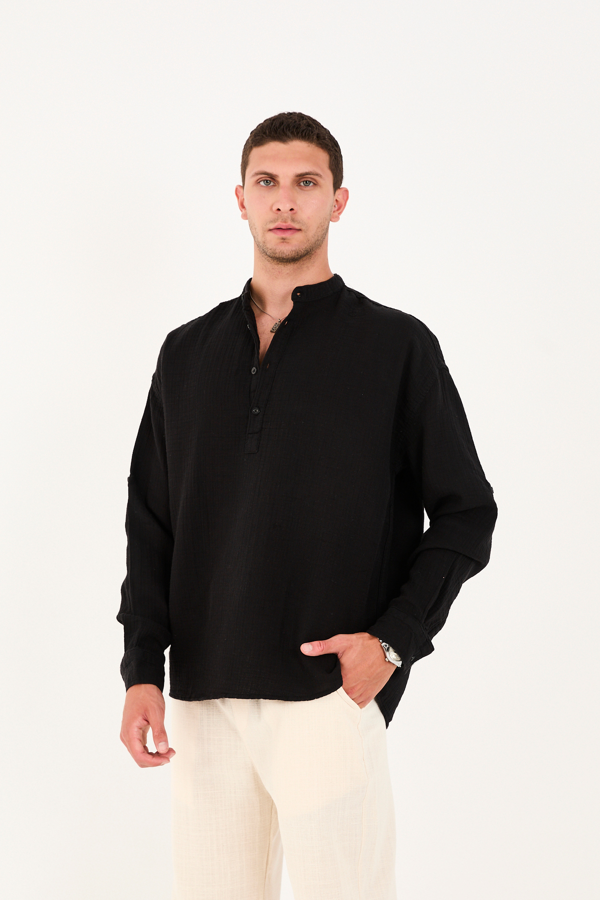 No Way  Erkek Regular Fit %100 Pamuk Müslin Hakim Yaka Yarım Pat Gömlek - Görsel 6