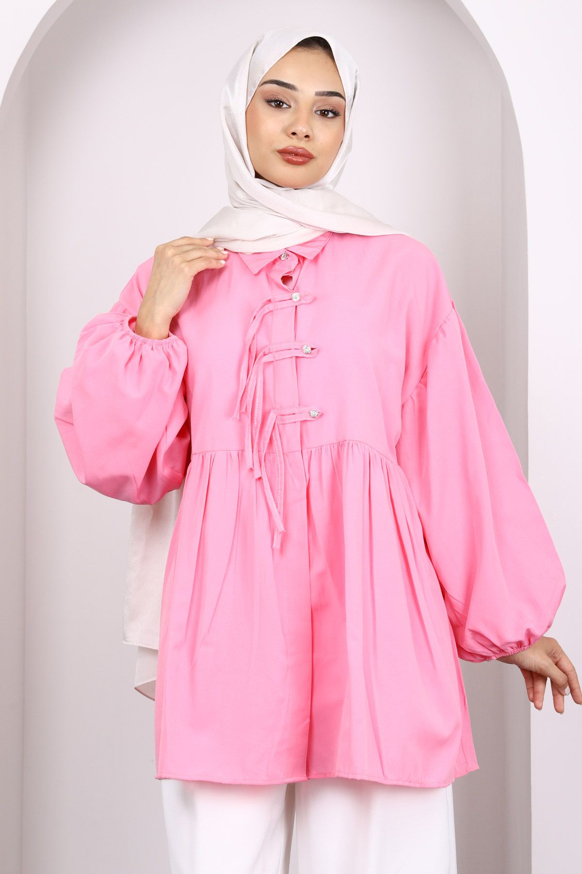 İmajButik-Pink Sleeve Elastic Front Buttoned Tunic 1