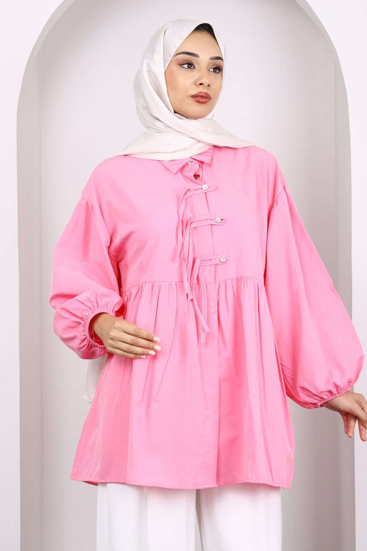İmajButik-Pink Sleeve Elastic Front Buttoned Tunic 3