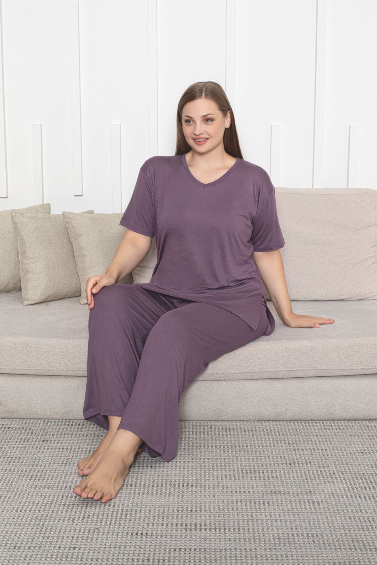Asel-Large Size Lycra Combed Cotton Fabric Side Slit 2-Piece Stylish Tunic Bottom-Top Set 3