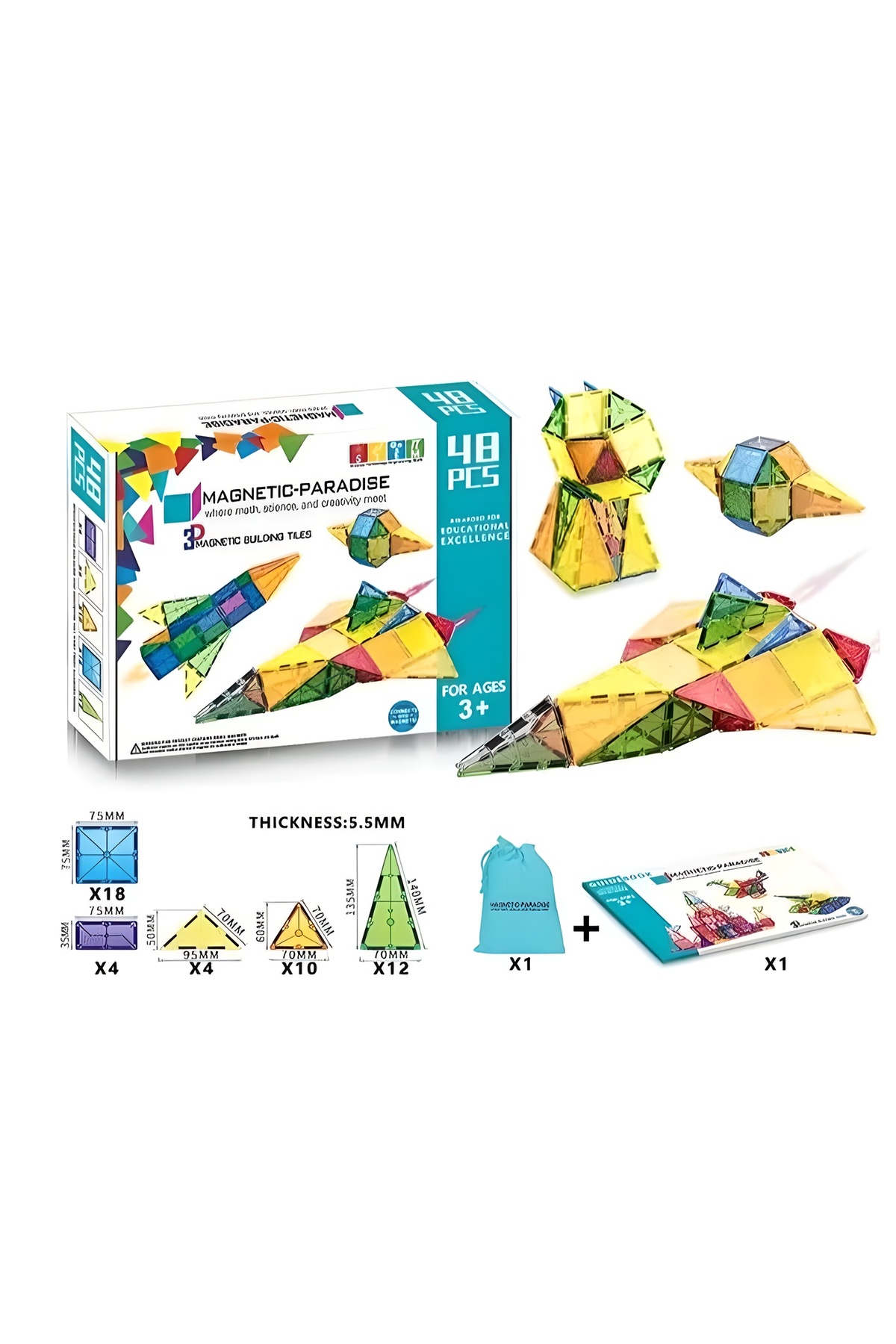ست اسباب‌بازی ۴۸ تکه بلوک‌های ساختنی مغناطیسی، مجموعه بازی کاشی‌های سه‌بعدی رنگارنگ مغناطیسی برای کودکان