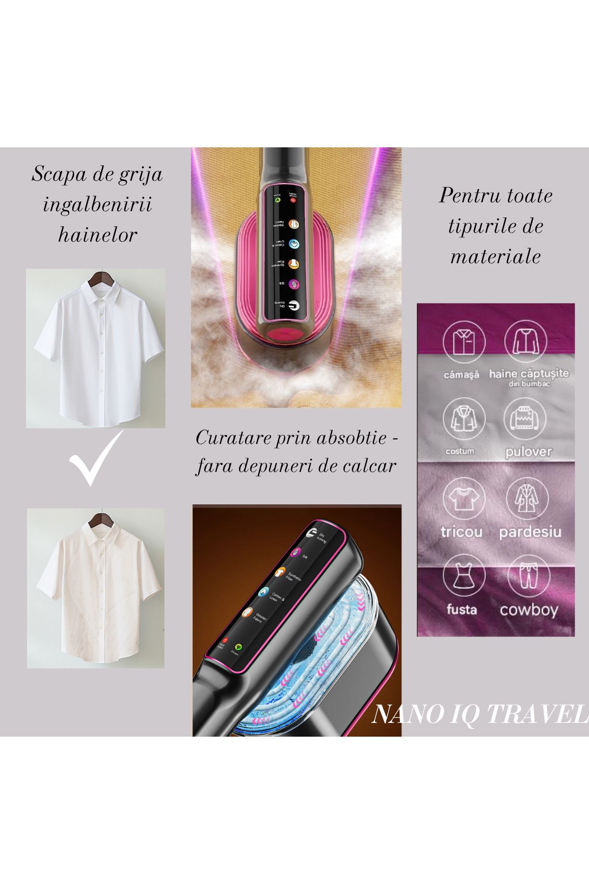 OEM-Fier calcat cu abur NANO IQ TRAVEL, umed,uscat,vertical si orizontal,putere 1200W, 5 programe, 6