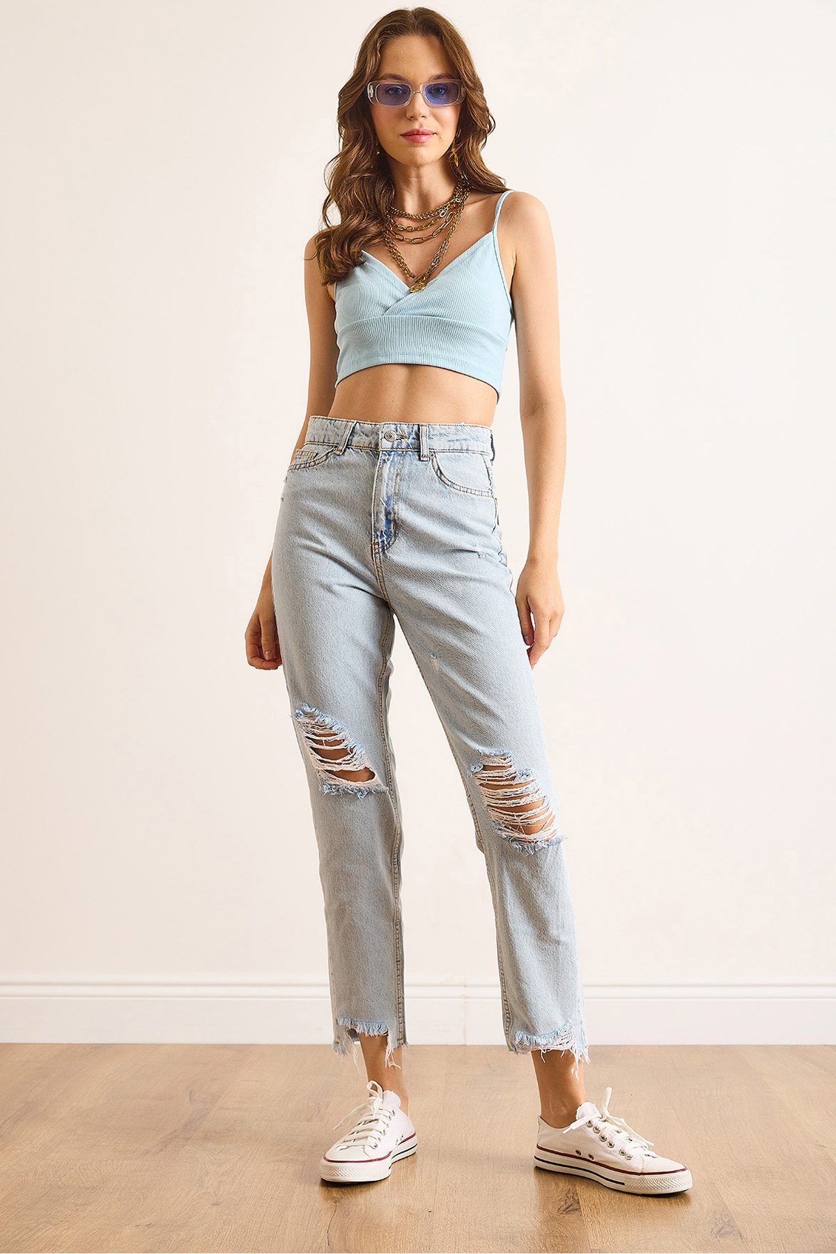 Women's Dark Blue Leg Knee Laser Cut Lycra-Free High Waist Jean JEA-19000118