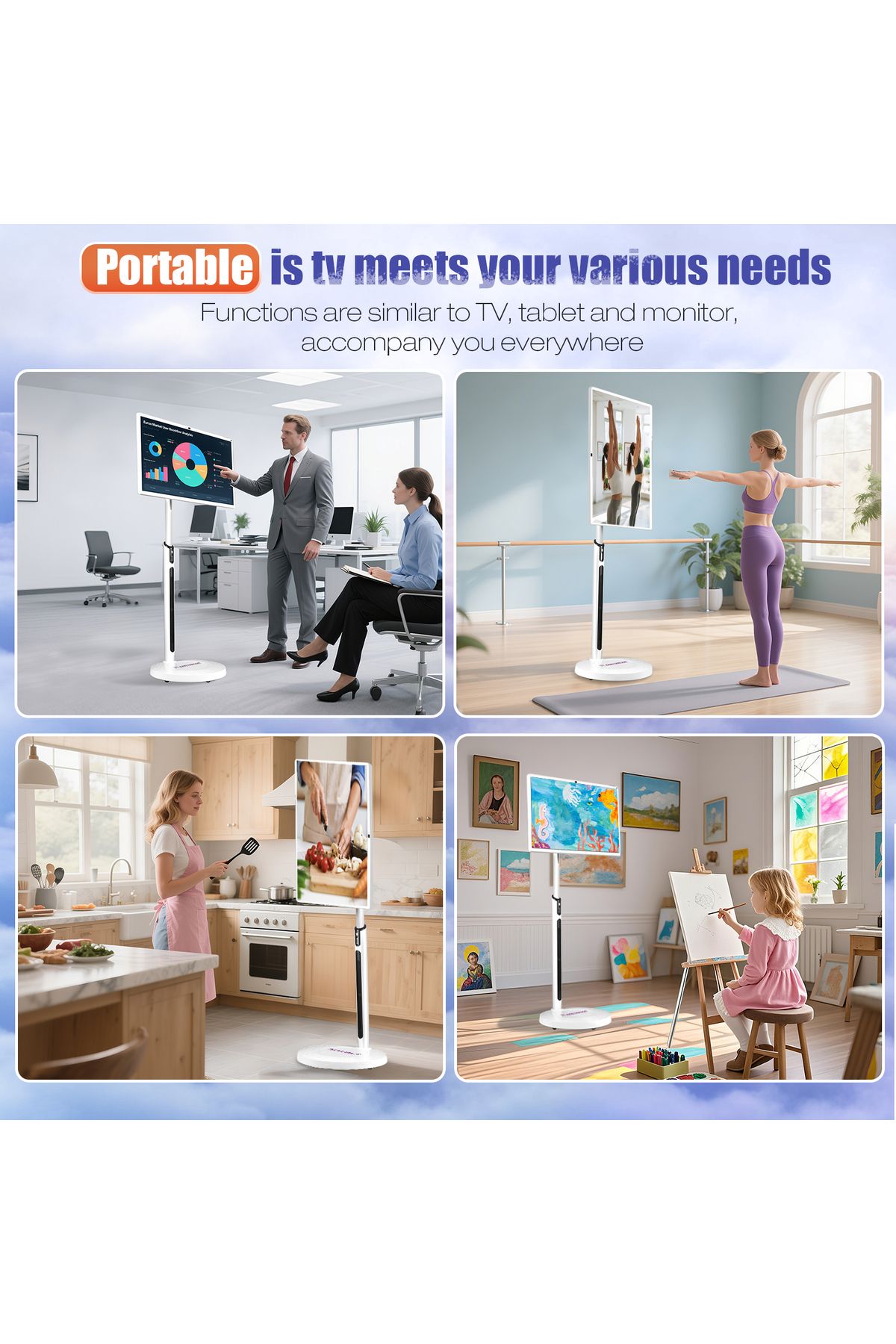 XIAN TIAN XIA-32 Inch Smart Portable TV, Rolling Tablet with Adjustable Floor Touchscreen Monitor,Build-in Camera 8