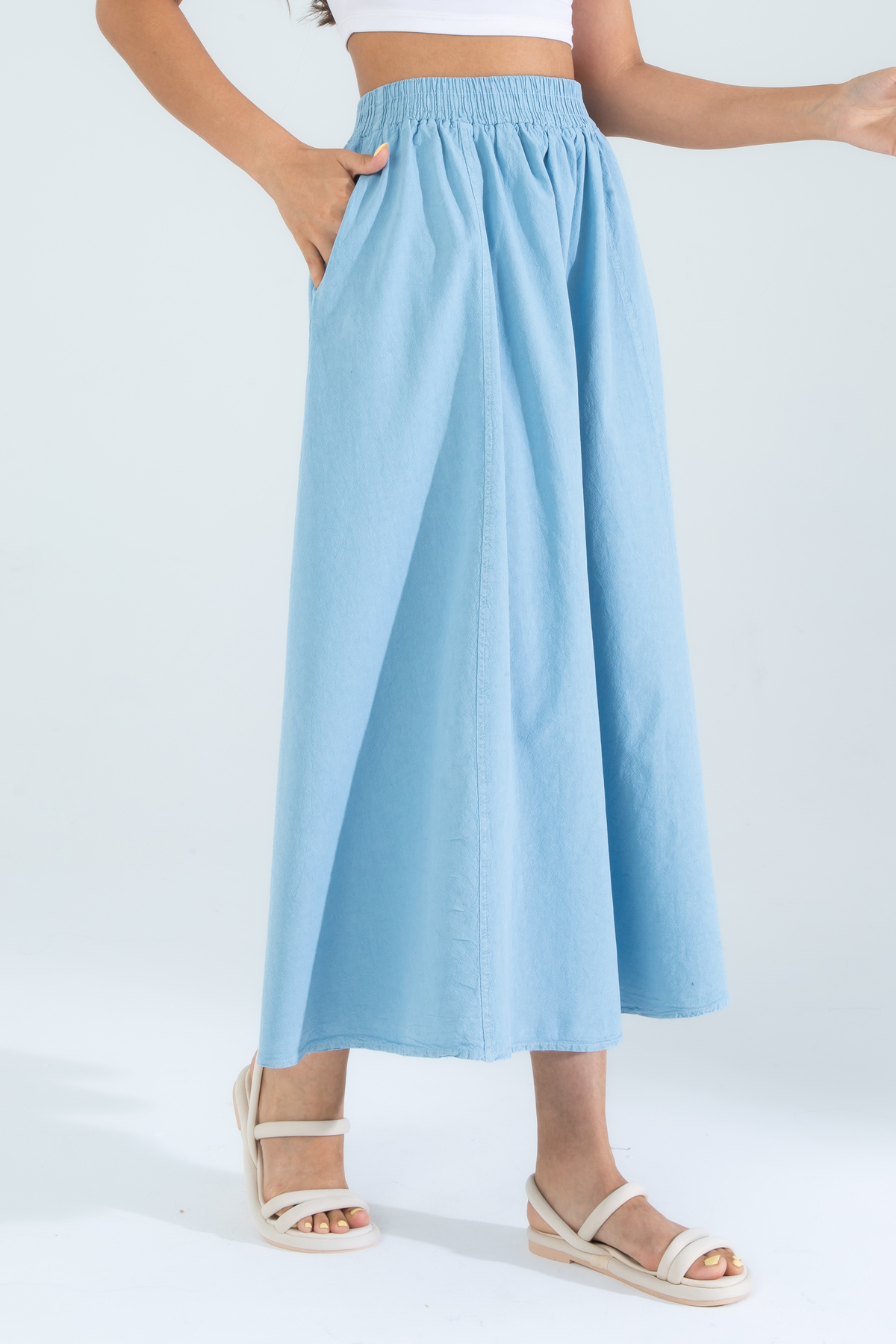 Suzella  Kadın A Kesim Yüksek Bel Cepli Dökümlü Kloş Etek - Dokulu Keten - Görsel 6