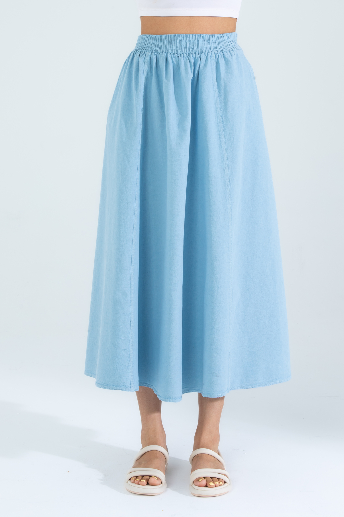 Suzella  Kadın A Kesim Yüksek Bel Cepli Dökümlü Kloş Etek - Dokulu Keten - Görsel 4