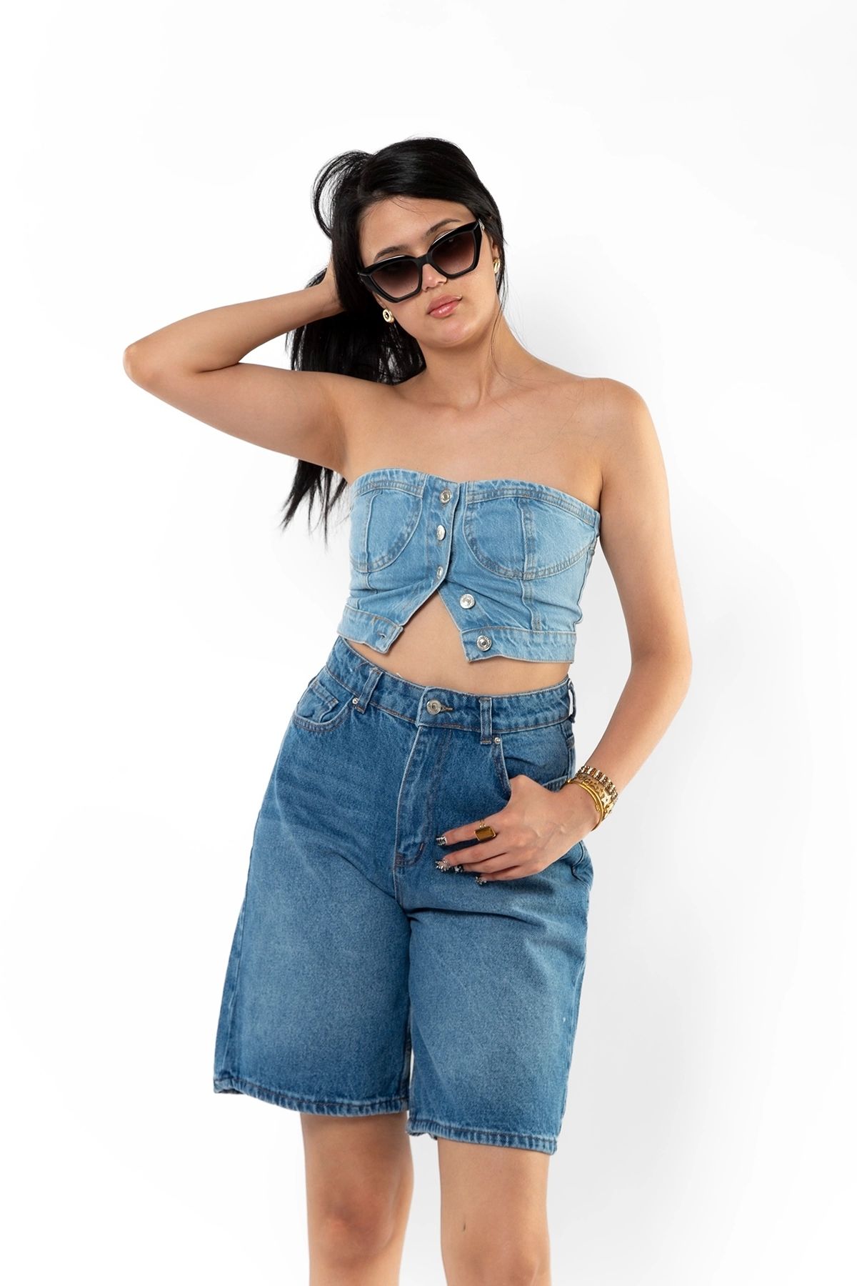 Bak Moda-Blue Denim Crop with Button Closure 3