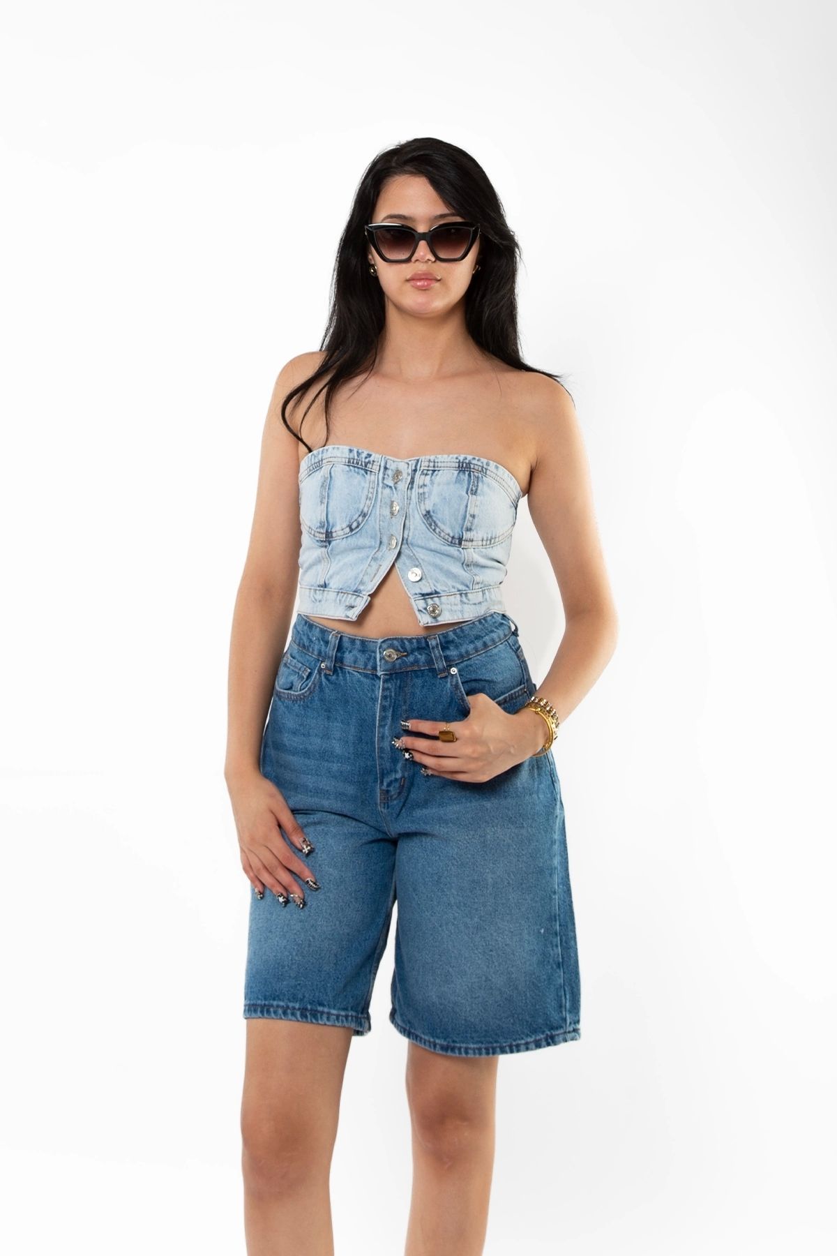 Bak Moda-Ice Blue Denim Crop with Button Closure 2