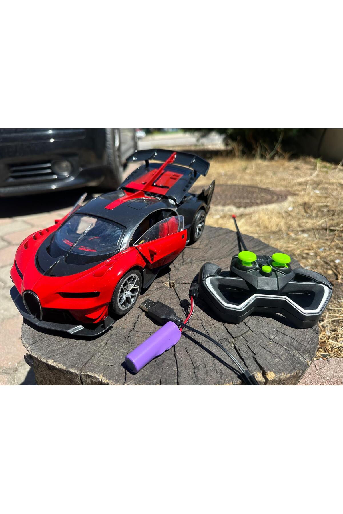 Online 1/14 Ölçek Uzaktan Kumandalı Kapıları Açılan Bugatti Kırmızı Renk Spor Araba Şarjlı Işıklı 28 Cm
