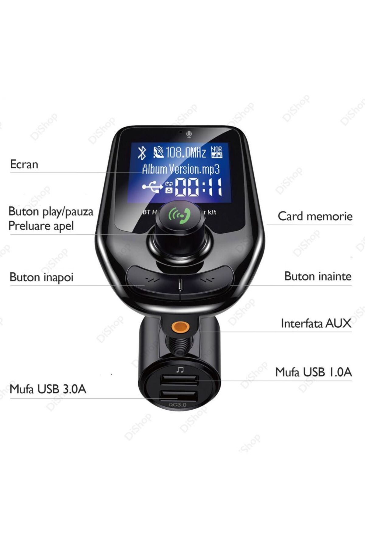 JustZEN-Modulator FM automat JustZEN® D 4, afișaj LCD 1,8 inch, microSD, card de schimbare rapidă 3.0, intrare auxiliară, handsfree 2