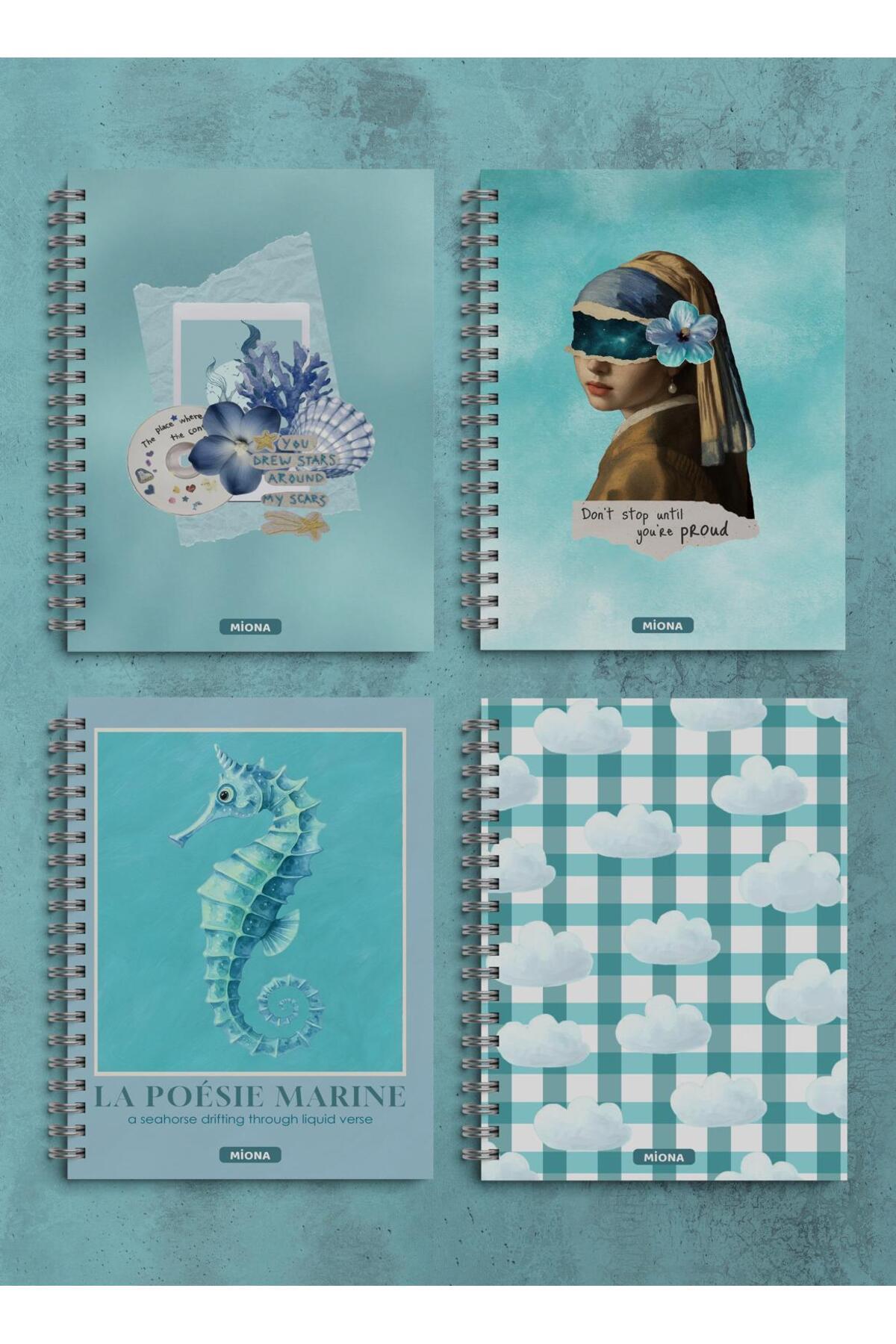 Miona-A5 Spiral School Notebook 120 Sheets Set of 4 Turquoise Themed 2 Lines - 2 Checkered, Notebook 1