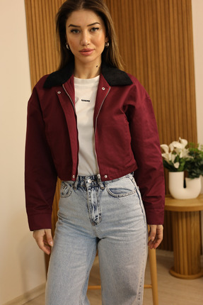 Elzem Boutique Bordo Kadife Yaka Crop Ceket