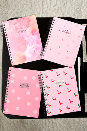 pcpapiruscraft PEMBE TEMALI Spiralli Defter | 4 Adet | Çizgisiz | A5 | Spiral...
