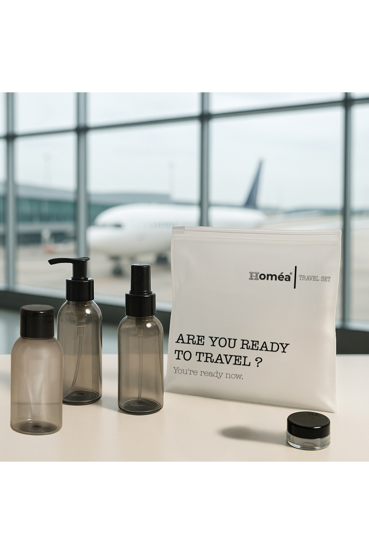 ROYALGROSS Plastik Seyahat Boy 100ml Füme Şişe ve Kavanoz 4’lü Set – Çantalı Seyahat Kiti