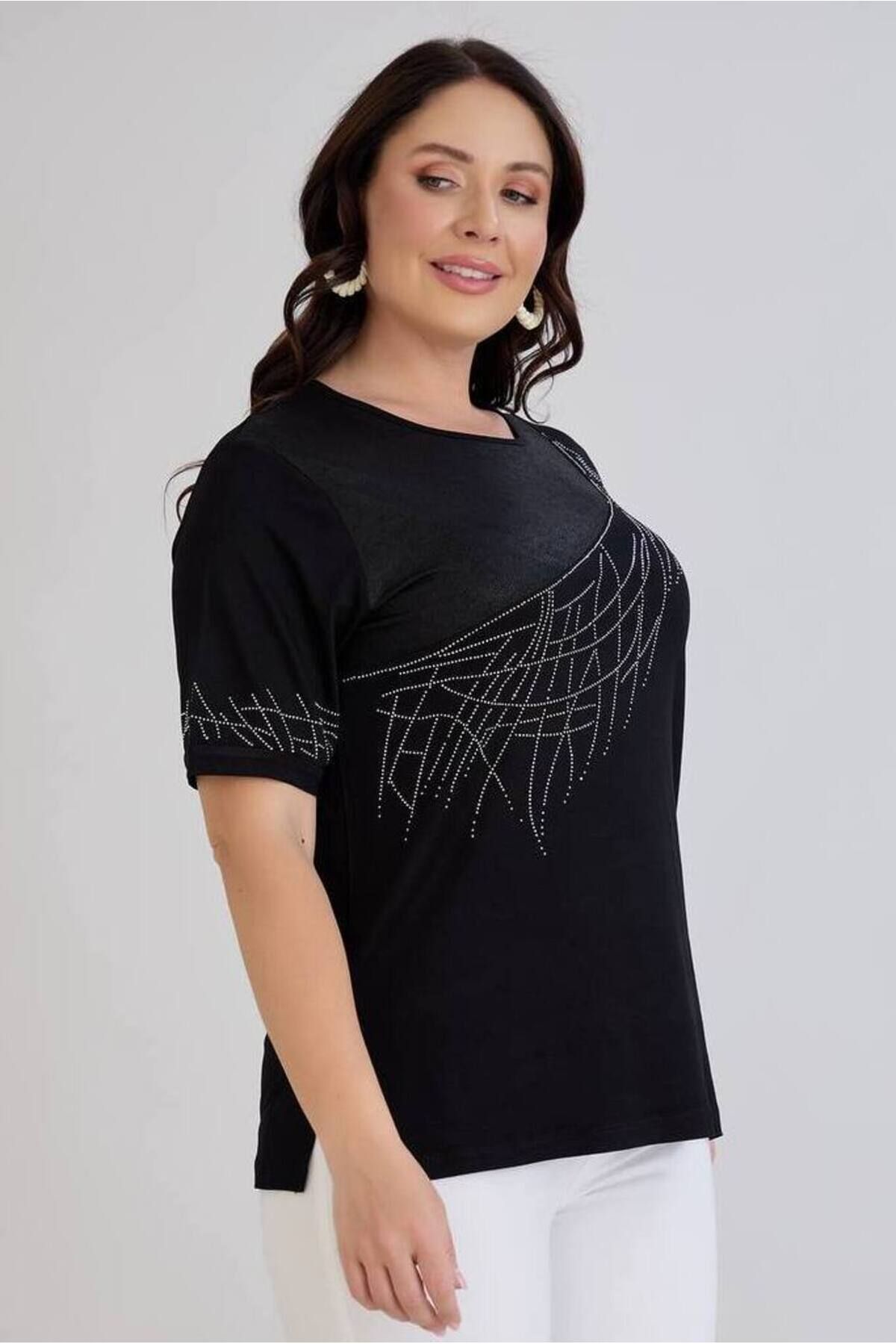FOR ESRA BIG TREND-Women's Large Bedem Top Faux Leather Look Patterned Stone Print Detail Side Slit Stretchy Short Sleeve Blouse 5