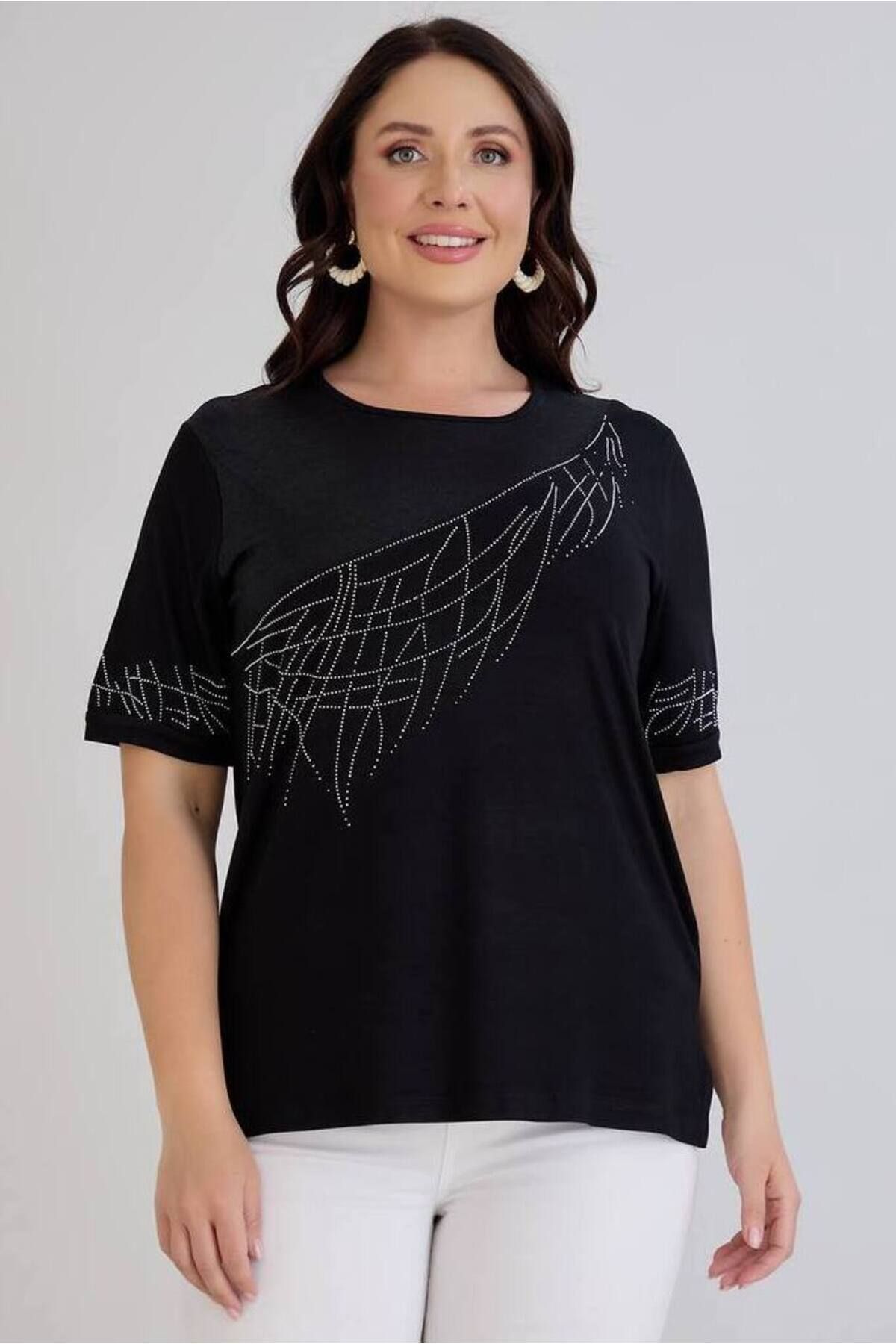 FOR ESRA BIG TREND-Women's Large Bedem Top Faux Leather Look Patterned Stone Print Detail Side Slit Stretchy Short Sleeve Blouse 1