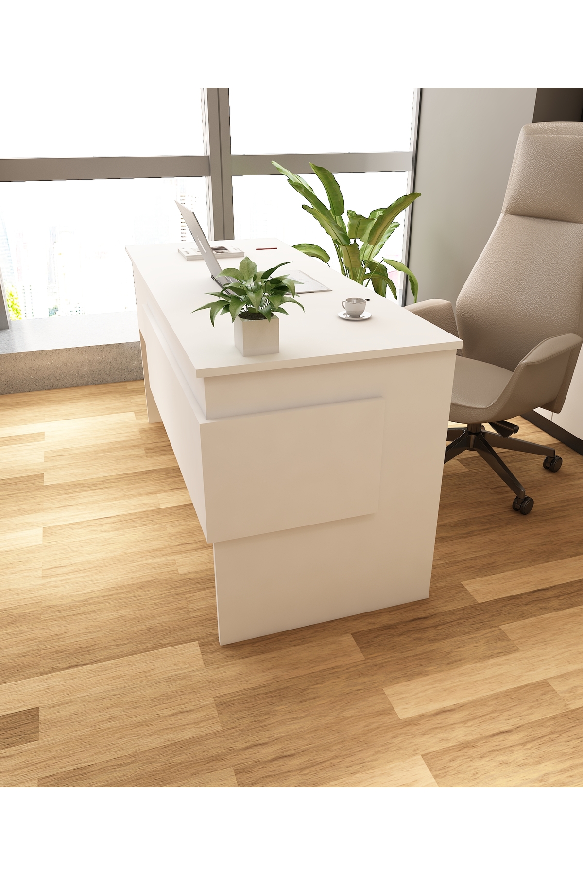 Karen 60x144 Çalışma Masası Ofis Masası Bilgisayar Masası | Beyaz - Beyaz 2
