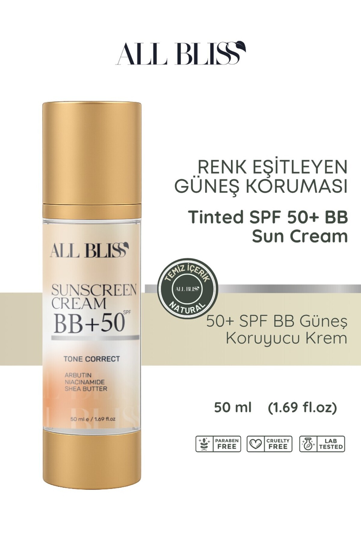 All Bliss BB Güneş Kremi SPF 50+ 50 ml – Leke Karşıtı, Nemlendirici ve Aydınlatıcı etki