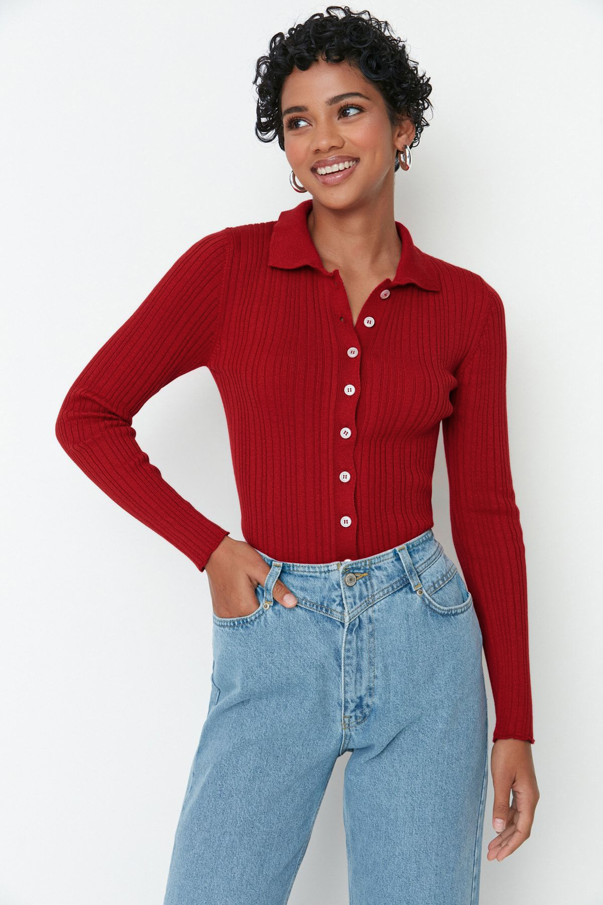 Trendyolmilla  Bordo Merserize Görünümlü Fitilli Polo Yaka Triko Hırka TWOAW20HI0070 - Görsel 4