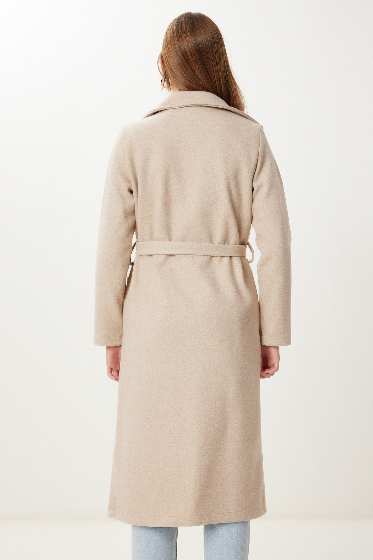 Happiness İstanbul  Kadın Bej Kruvaze Yaka Kuşaklı Kaşe Kaban MX00253 - Görsel 5