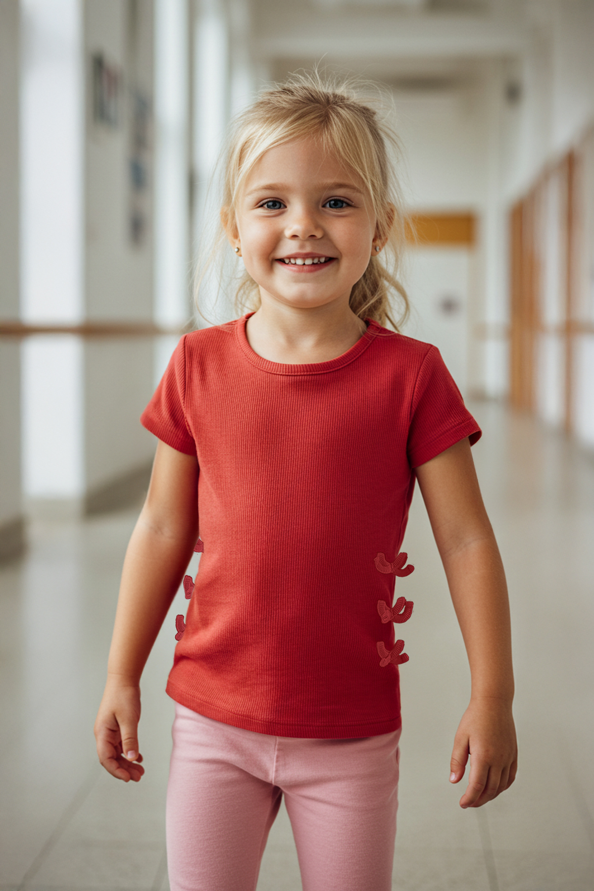 Trendyolmilla Kids Nar Çiçeği Kız Çocuk Pamuklu Regular Kalıp Fiyonk Detaylı Kısa Kol Örme T-Shirt TKDSS25TS00048