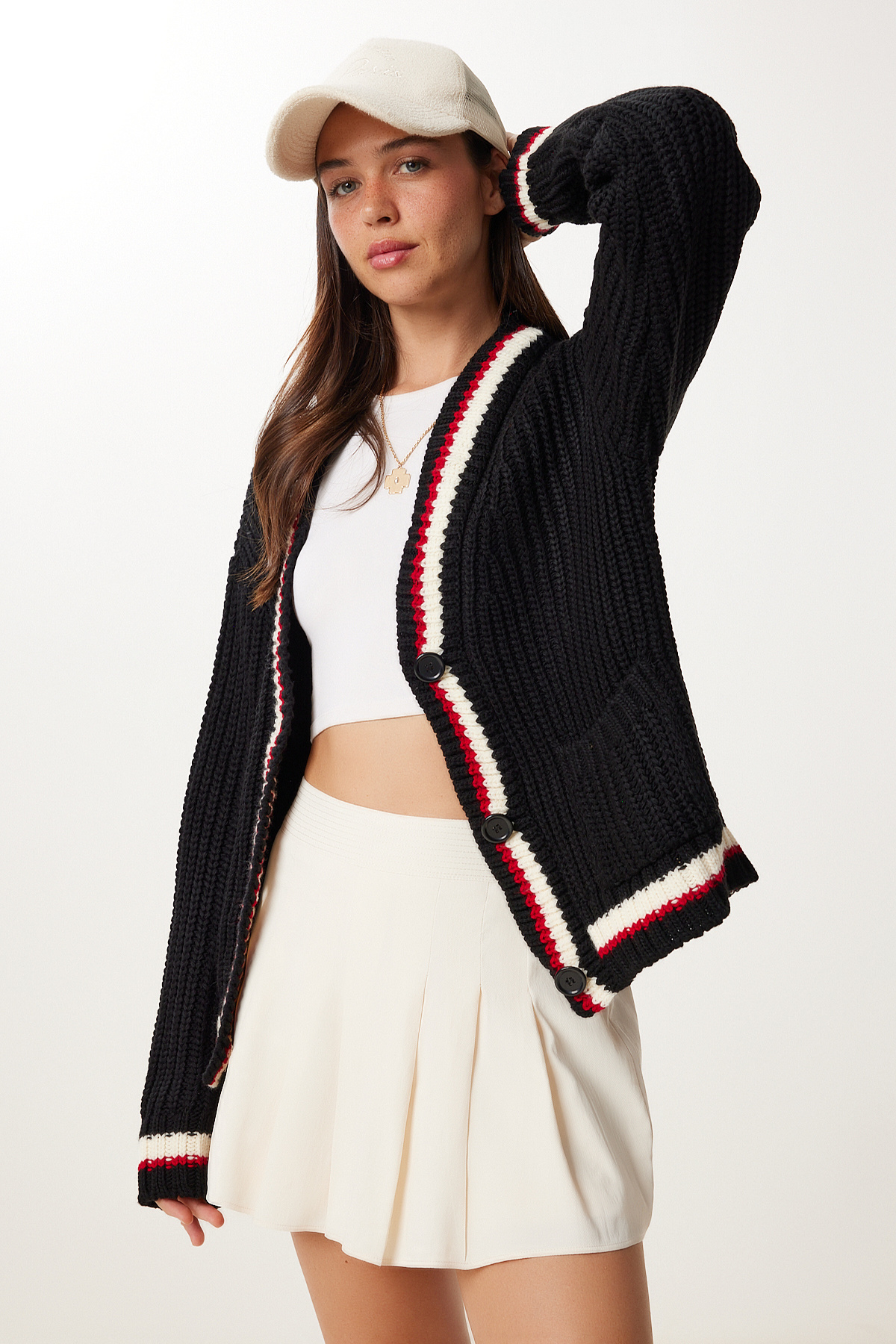 Happiness İstanbul Kadın Siyah V Yaka Şerit Detaylı Triko Hırka PF00085