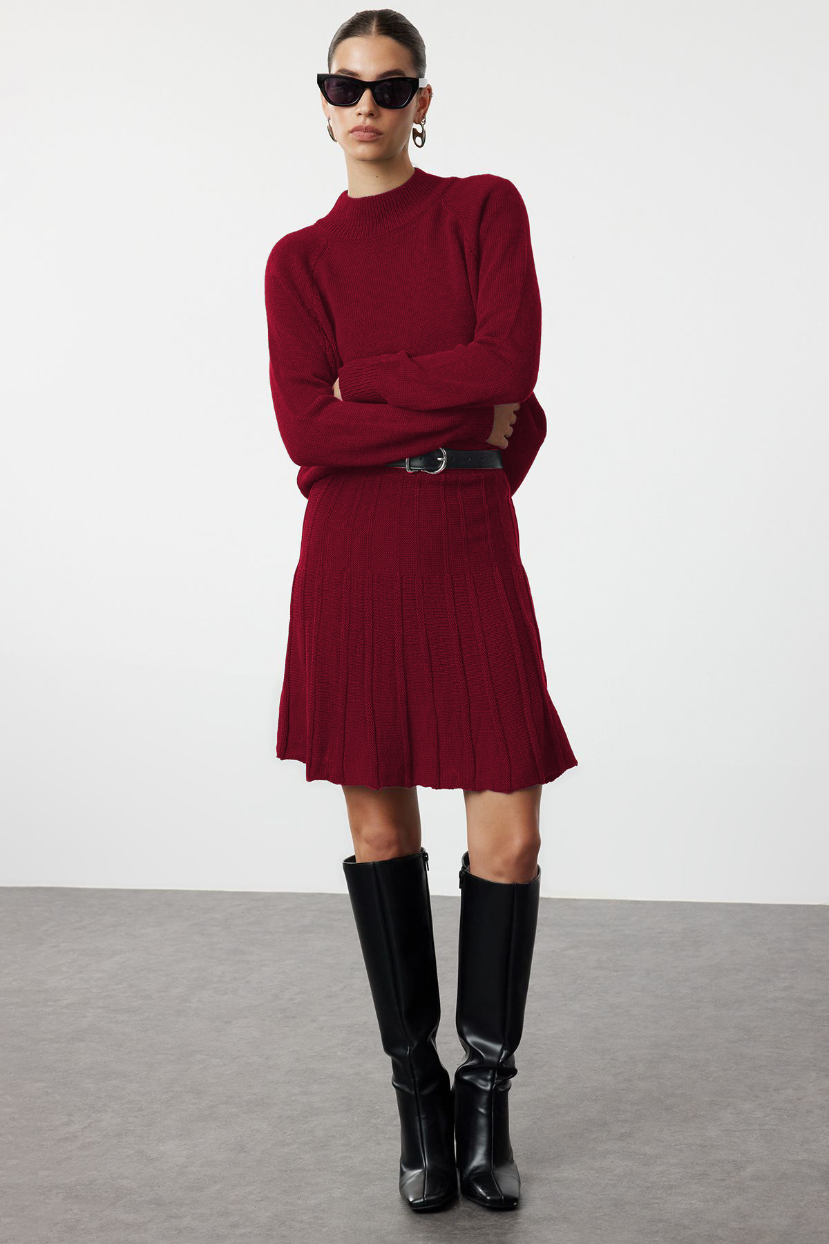 Trendyol Collection Bordó redőzött szoknya kötöttáru alsó felső szett TWOAW23AU00184