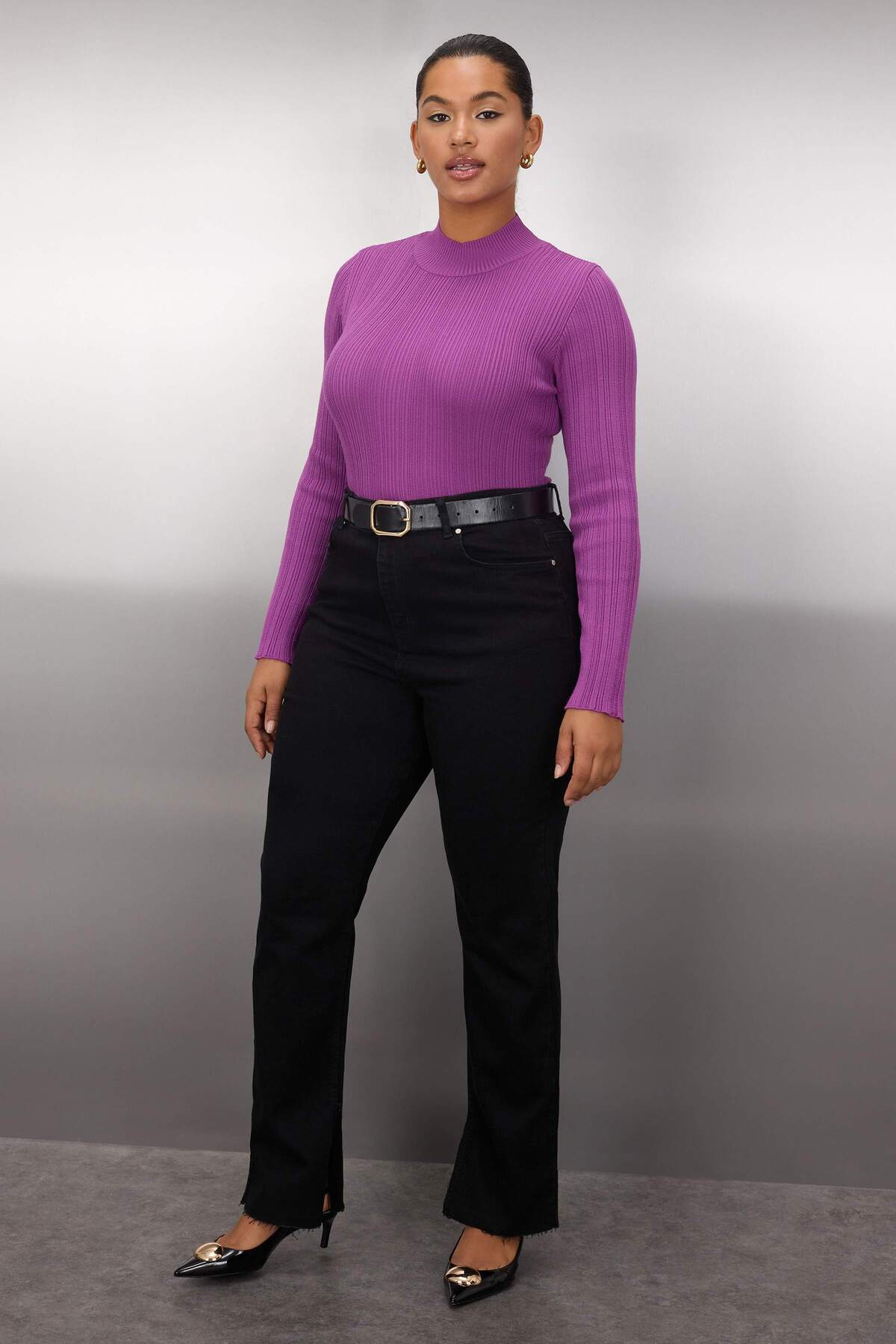 Trendyolmilla Curve Mor Fitilli Dik Yaka İnce Triko Kazak TBBAW26AN00033