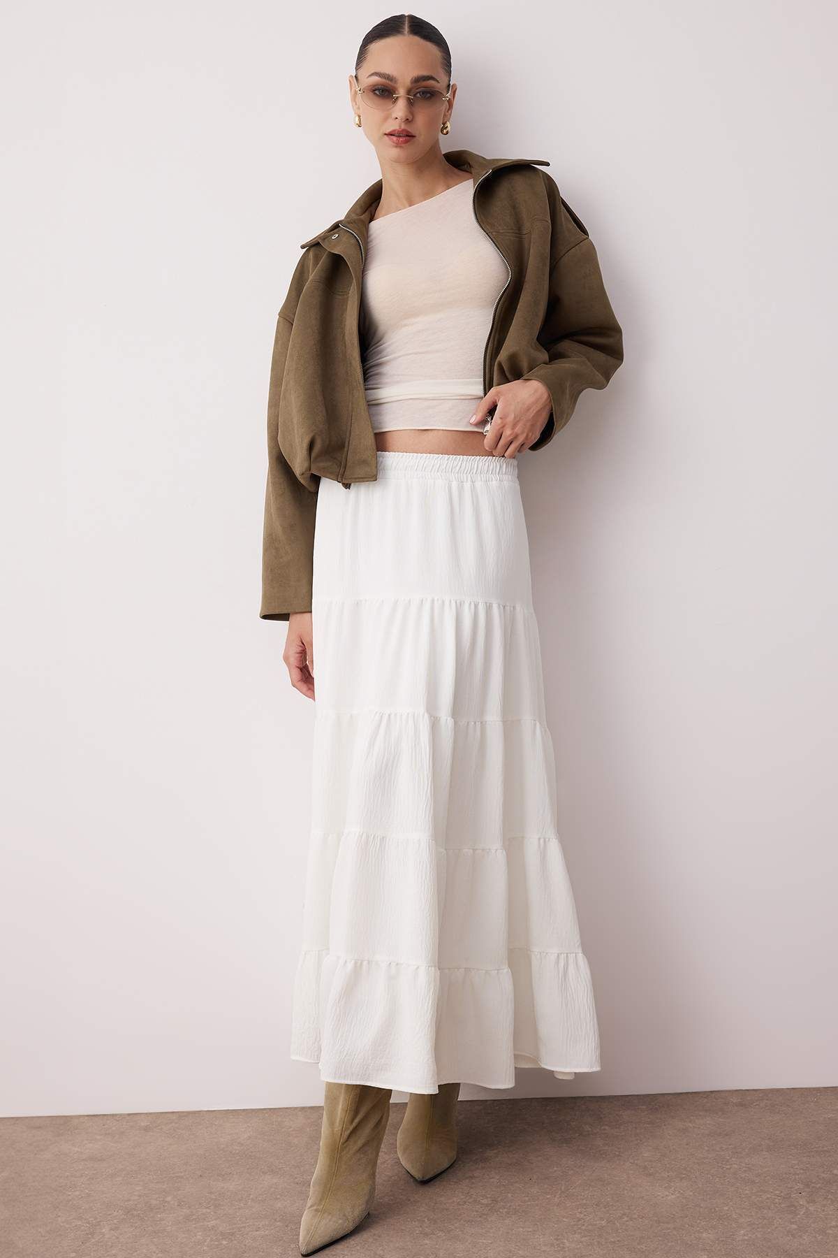 Trendyol Collection-Țesătură texturată din bumbac alb Fusta boemă țesătă de dimensiuni maxi TWOSS25ET00029 1