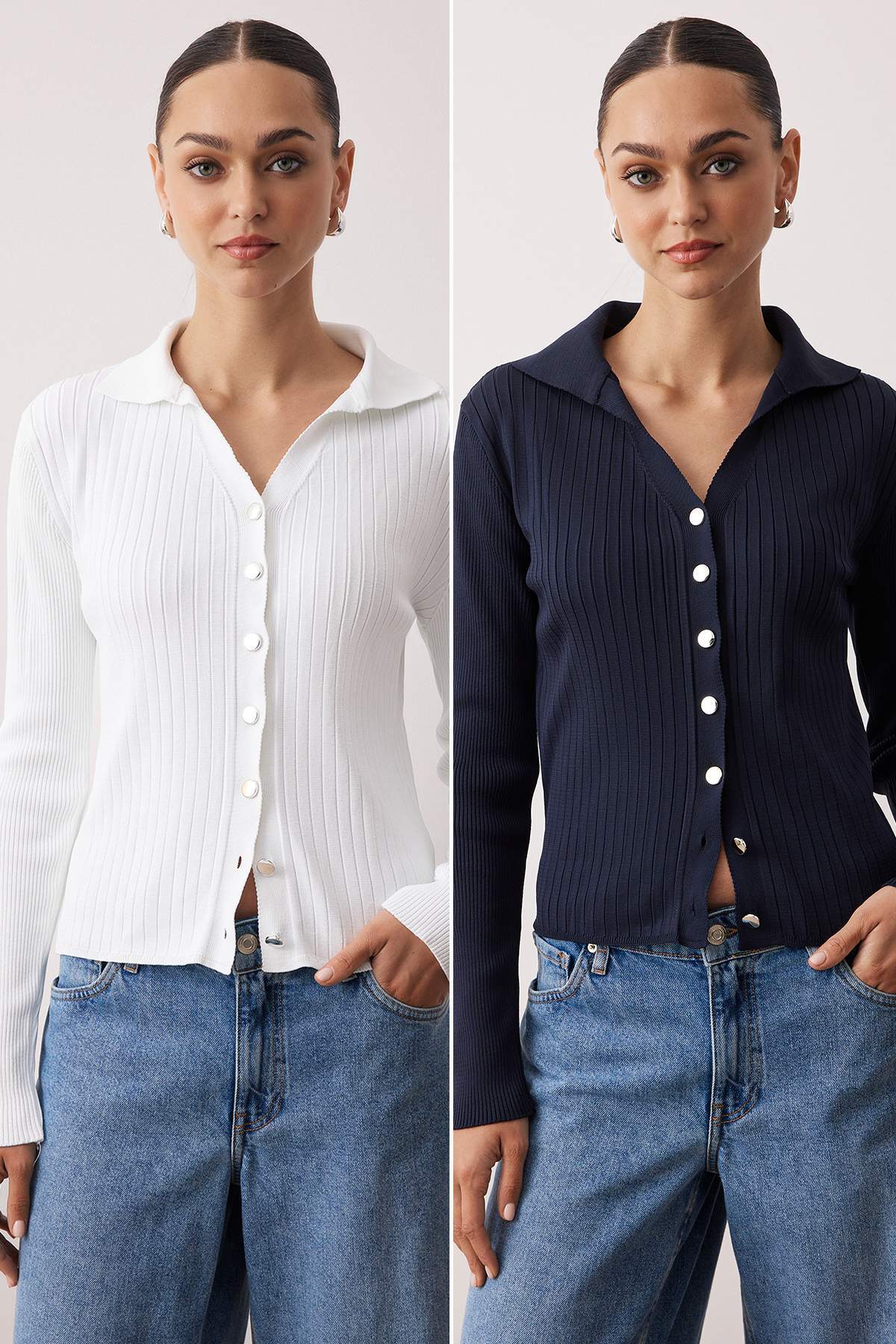 Trendyolmilla Lacivert-Ekru Polo Yaka Basic İkili Paket Triko Hırka TWOAW26HI00078