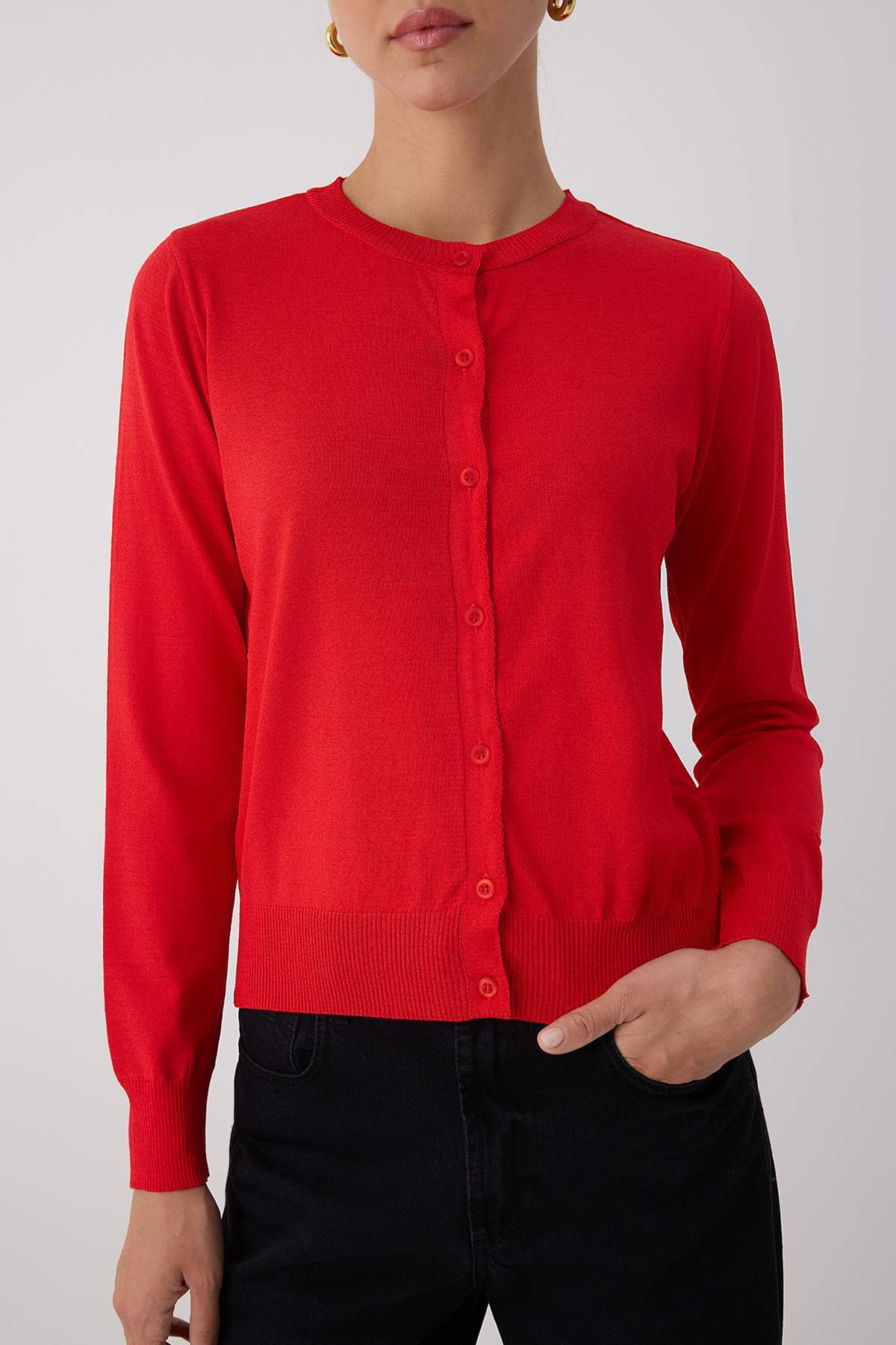 Trendyolmilla  Wardrobe Essentials Kırmızı Premium İplik Merserize Görünüm Bisiklet Yaka Triko Hırka|TWOAW26HI00095 - Görsel 3