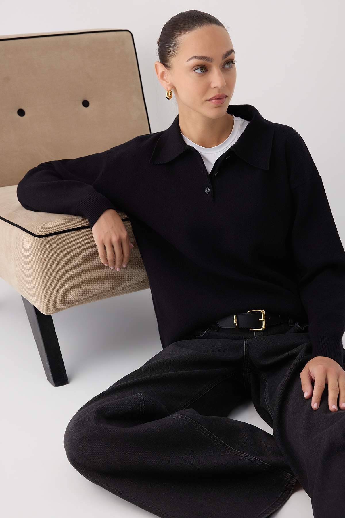 Trendyolmilla  Wardrobe Essentials Siyah*001 Premium/Özel İplik Polo Yaka Triko Kazak | TWOAW26KZ00060 - Görsel 3