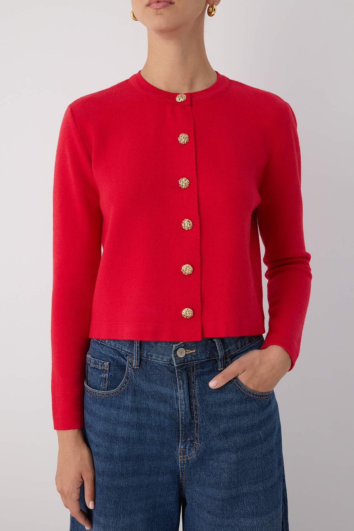 Trendyolmilla  Wardrobe Essentials Kırmızı Düz Düğme Detaylı Crop Premium/Özel İplik Triko Hırka | TWOAW26HI00094 - Görsel 3