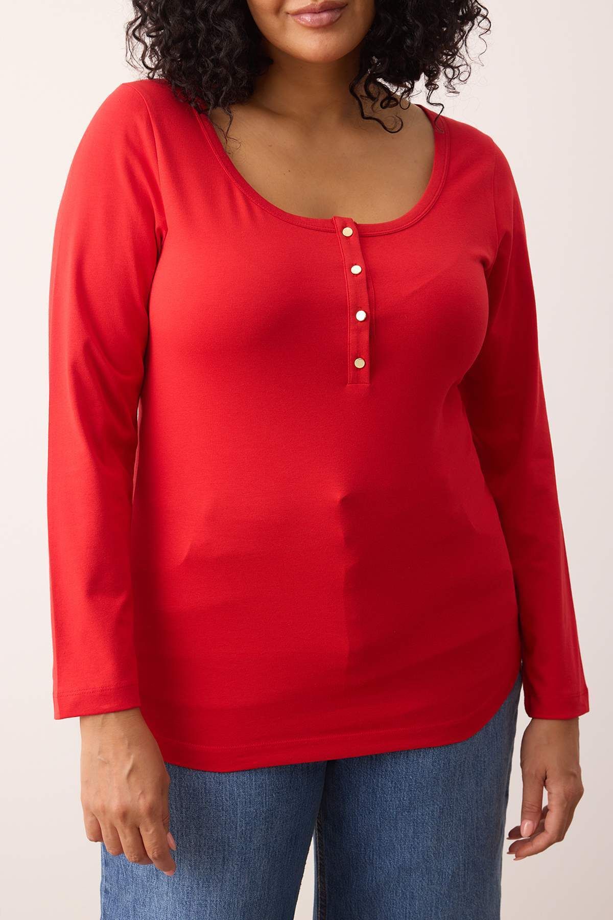 Trendyol Curve-Red Knitted Body Fitting Button Detail Plus Size Blouse Tbbaw26Af00008 3