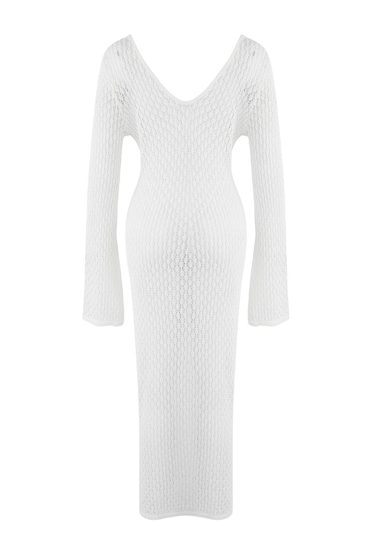 Trendyolmilla  Ekru Triko Maxi Derin V Yaka Plaj Elbisesi TBESS25EL00151 - Görsel 6