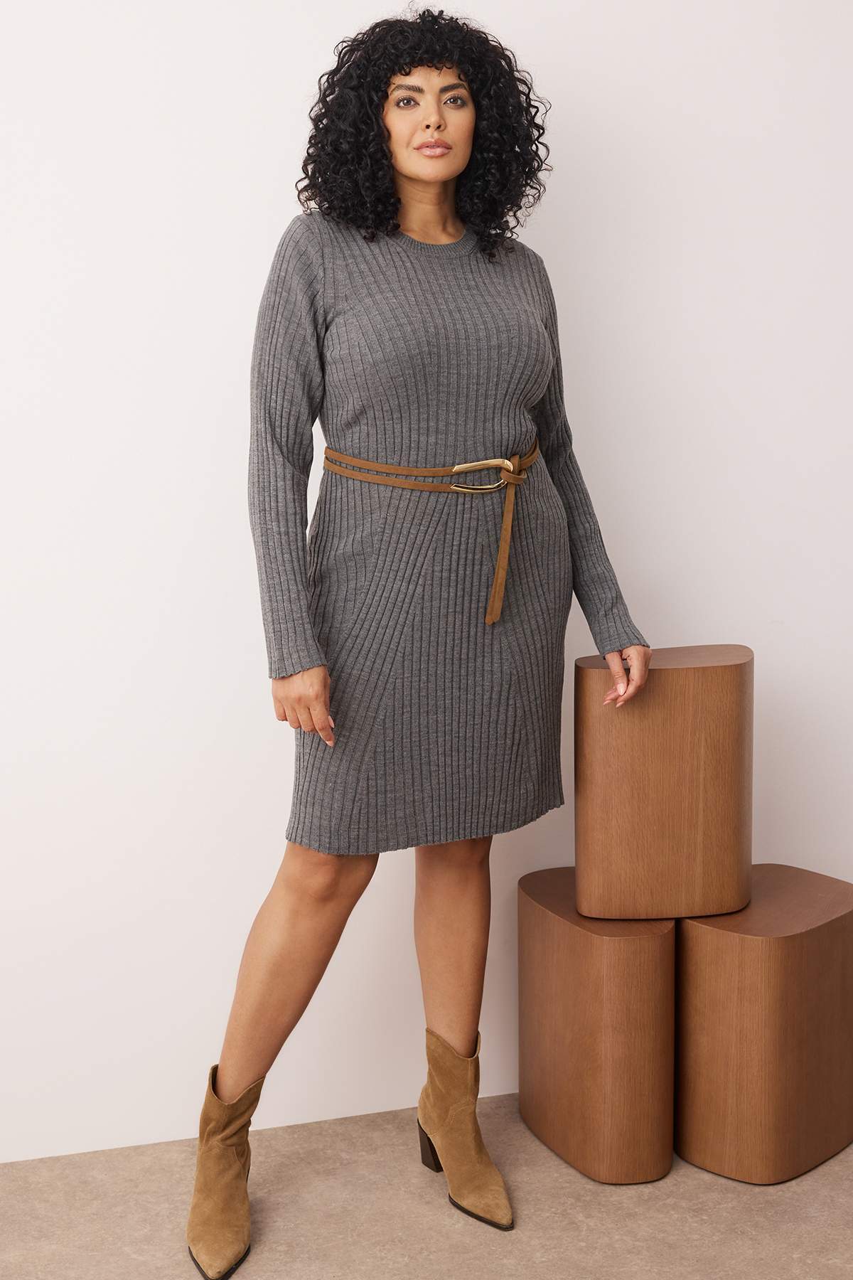Trendyolmilla Curve Antrasit Fitilli Mini Triko Elbise TBBAW26AH00001