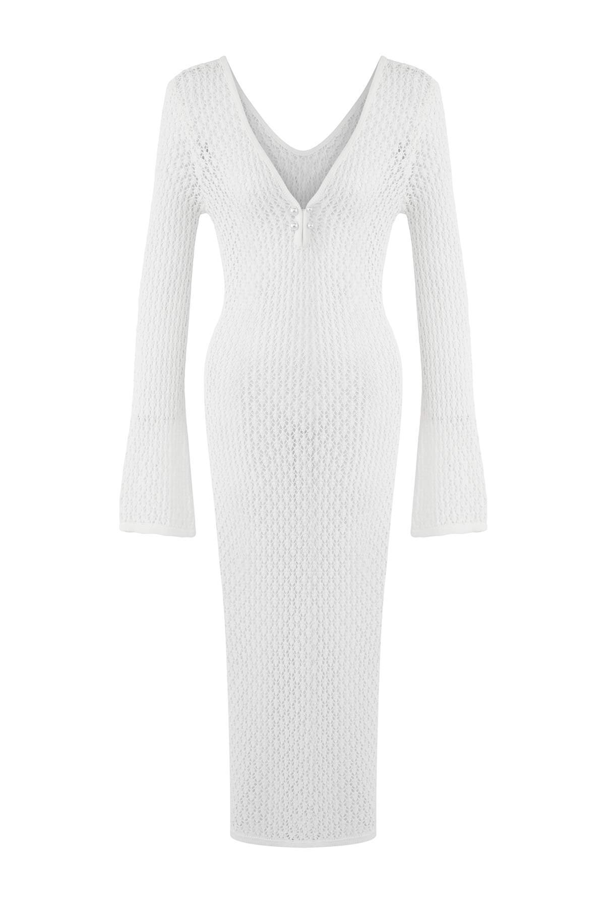 Trendyolmilla  Ekru Triko Maxi Derin V Yaka Plaj Elbisesi TBESS25EL00151 - Görsel 5