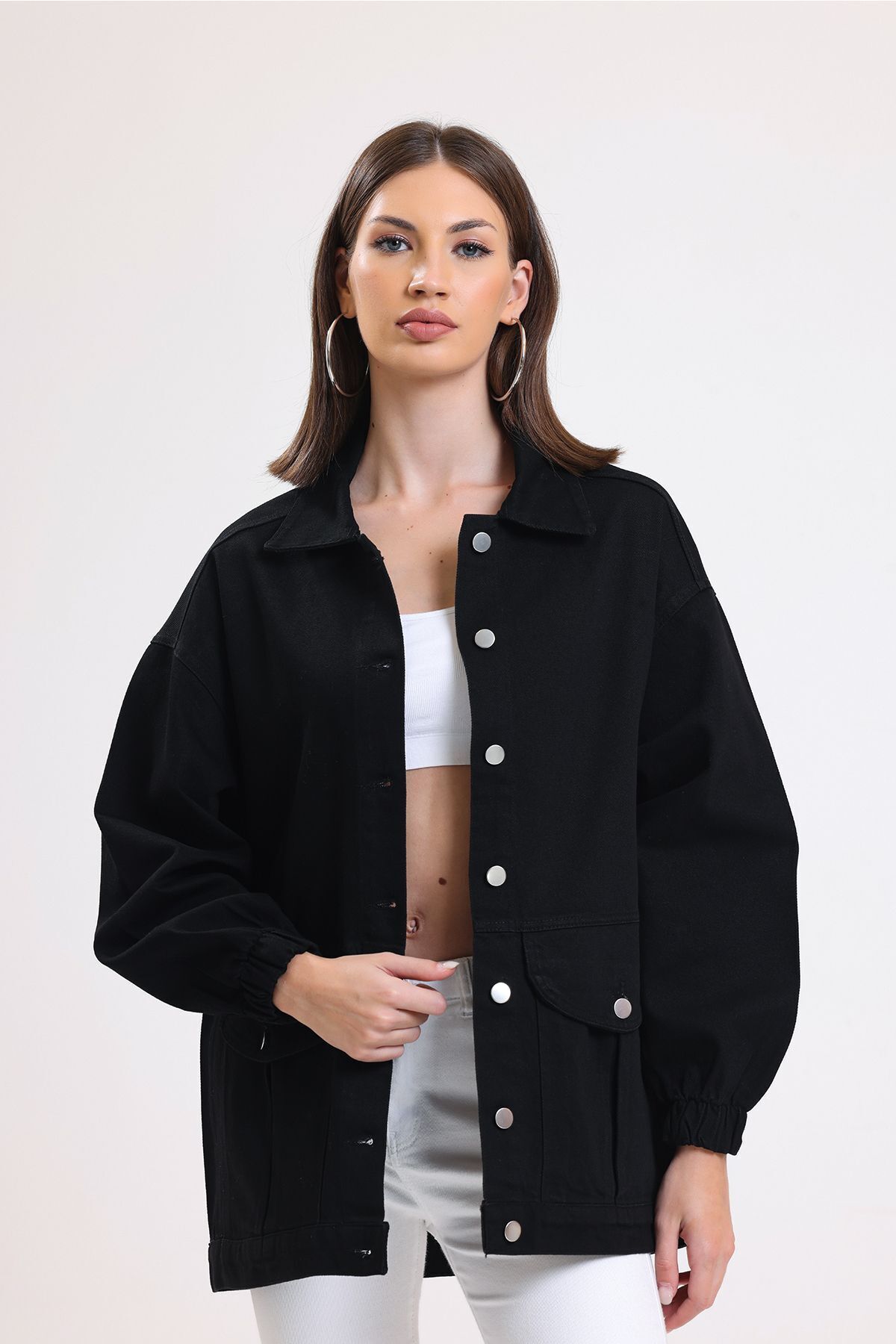 hanope  Kadın Siyah Oversize Kot Ceket 00150 - Görsel 3