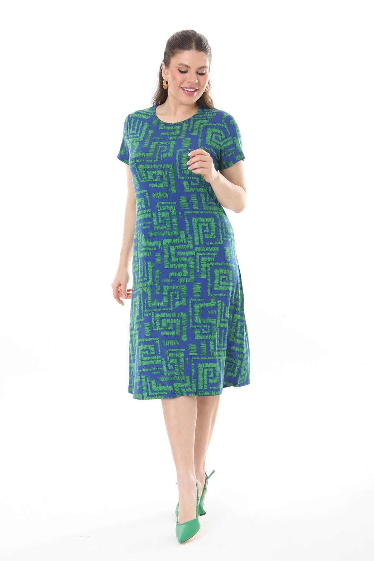 Mooi XXL-Rochie midi cu model labirint albastru verde pentru femei 3