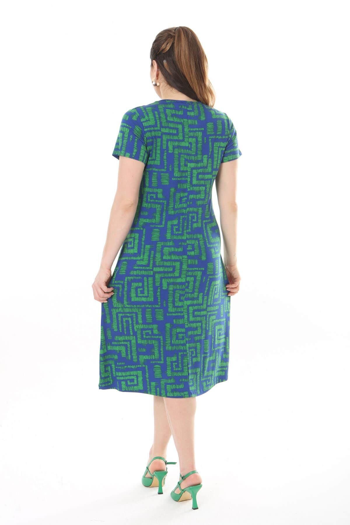 Mooi XXL-Rochie midi cu model labirint albastru verde pentru femei 7