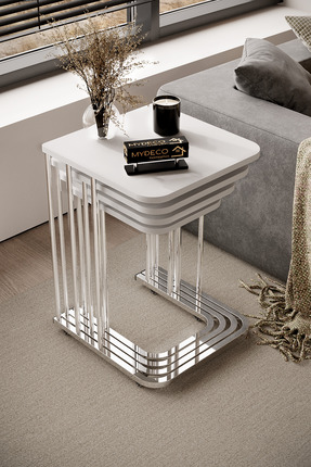 home plus mobilya 4'lü Tekerlekli Zigon Sehpa Gümüş Ayak Beyaz 18 mm Mdf