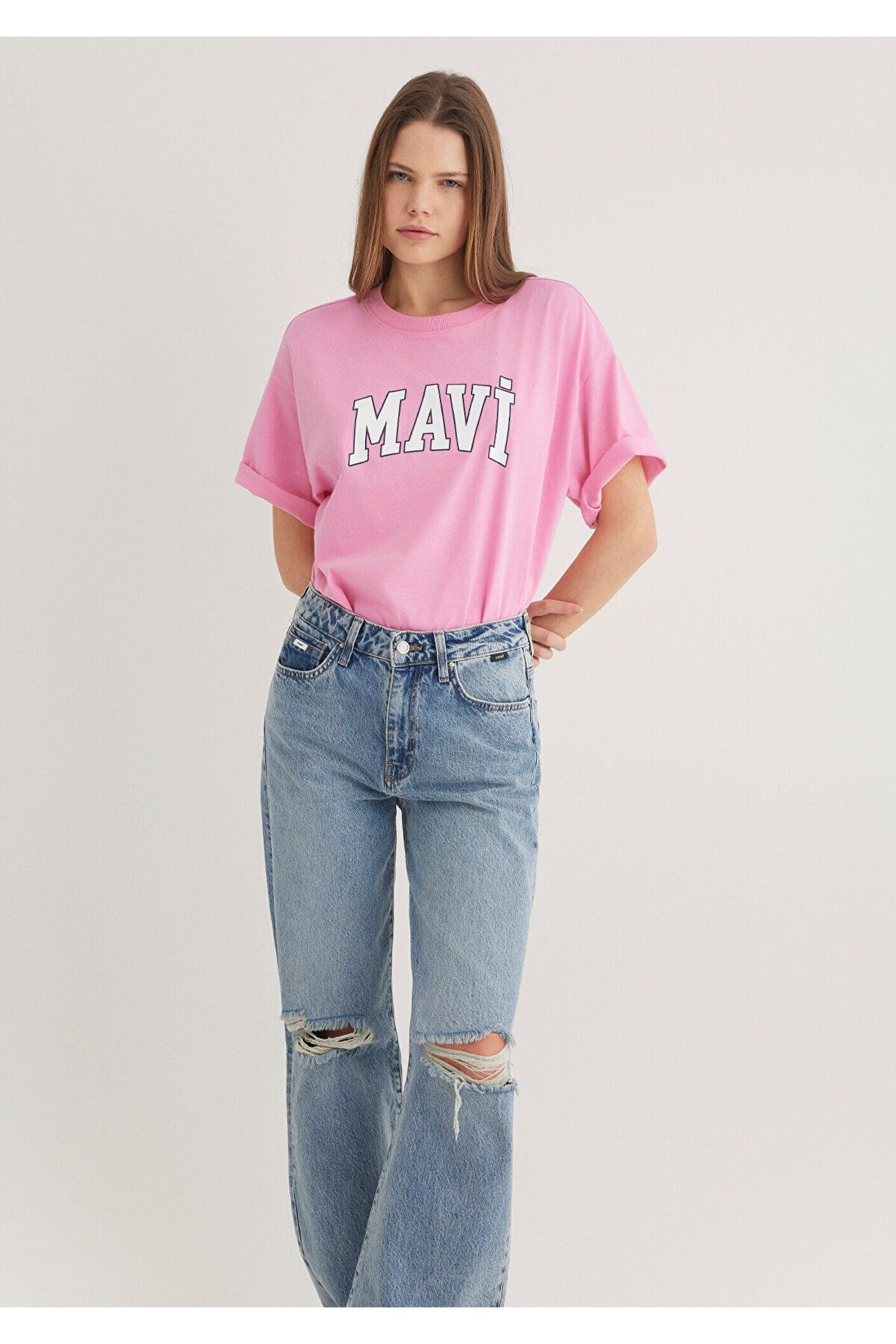 Mavi-Rosafarbenes T-Shirt mit Logo-Print, Übergröße/weiter Schnitt 1600843-71032 2