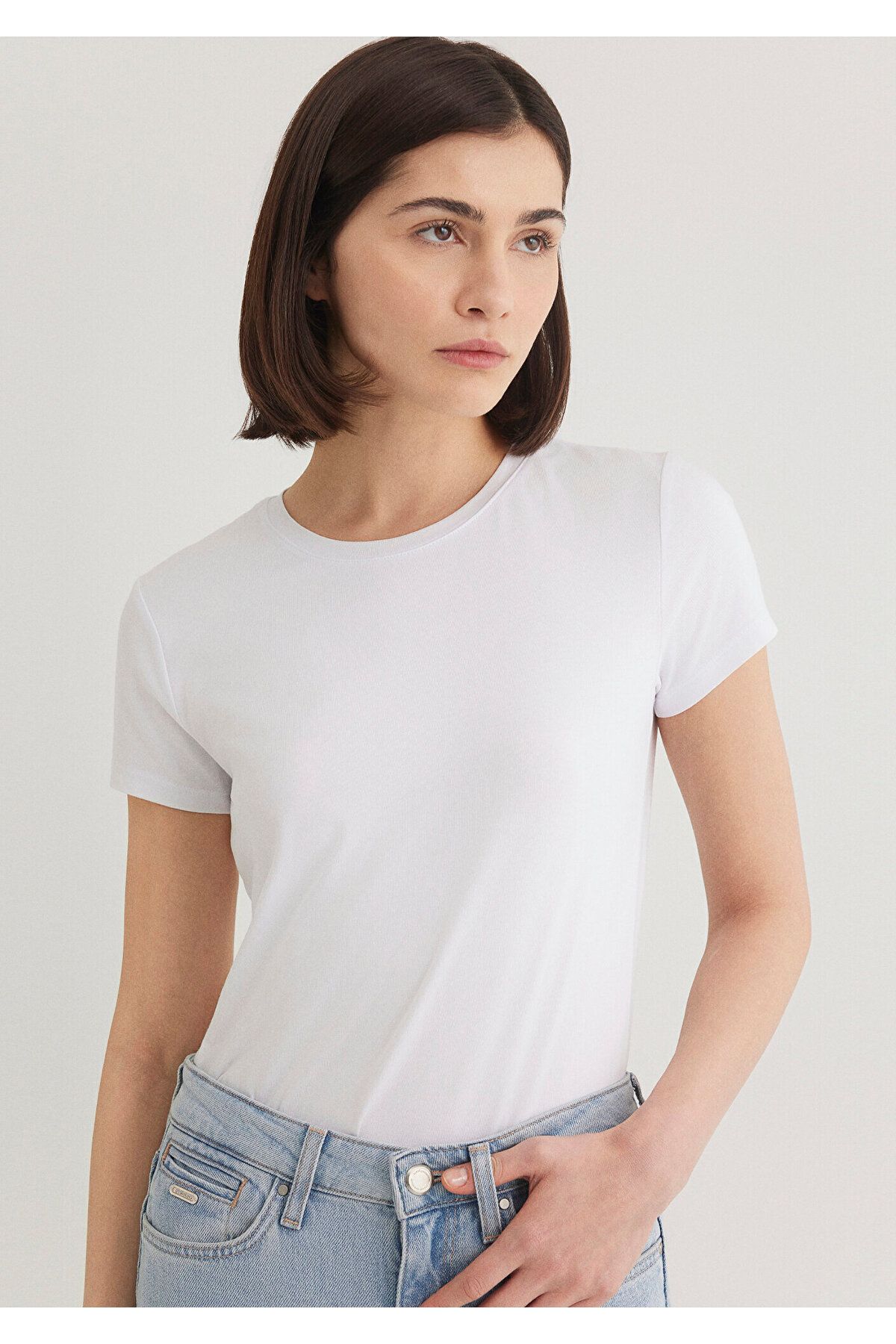 Mavi-Tricou de bază alb elastic, cu croială mulată 162767 -620 2