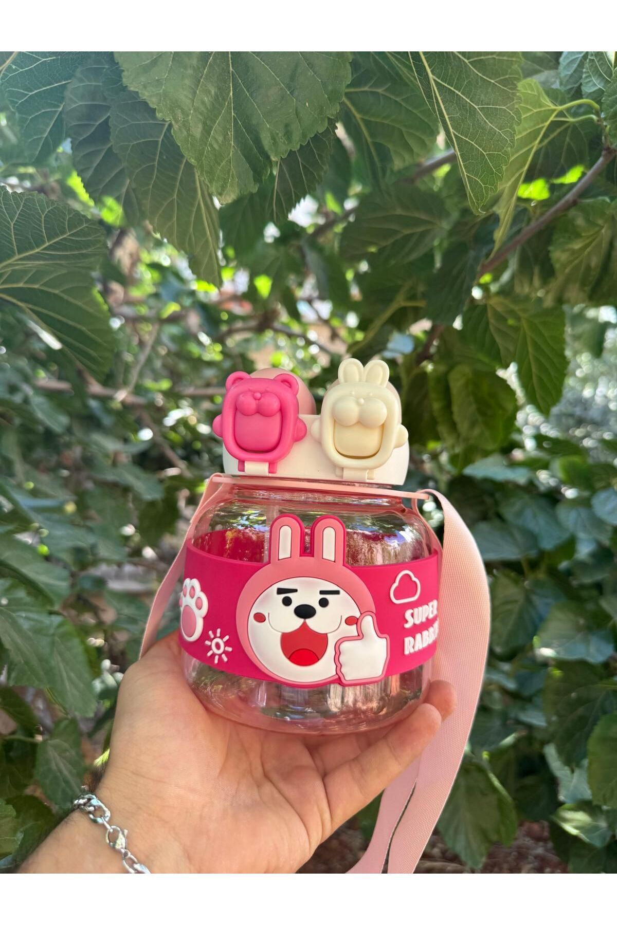 madam gold-Double Cap Water Flask 4 Colors with Straw Without Straw Machine Washable Rabbit 750 ml 4