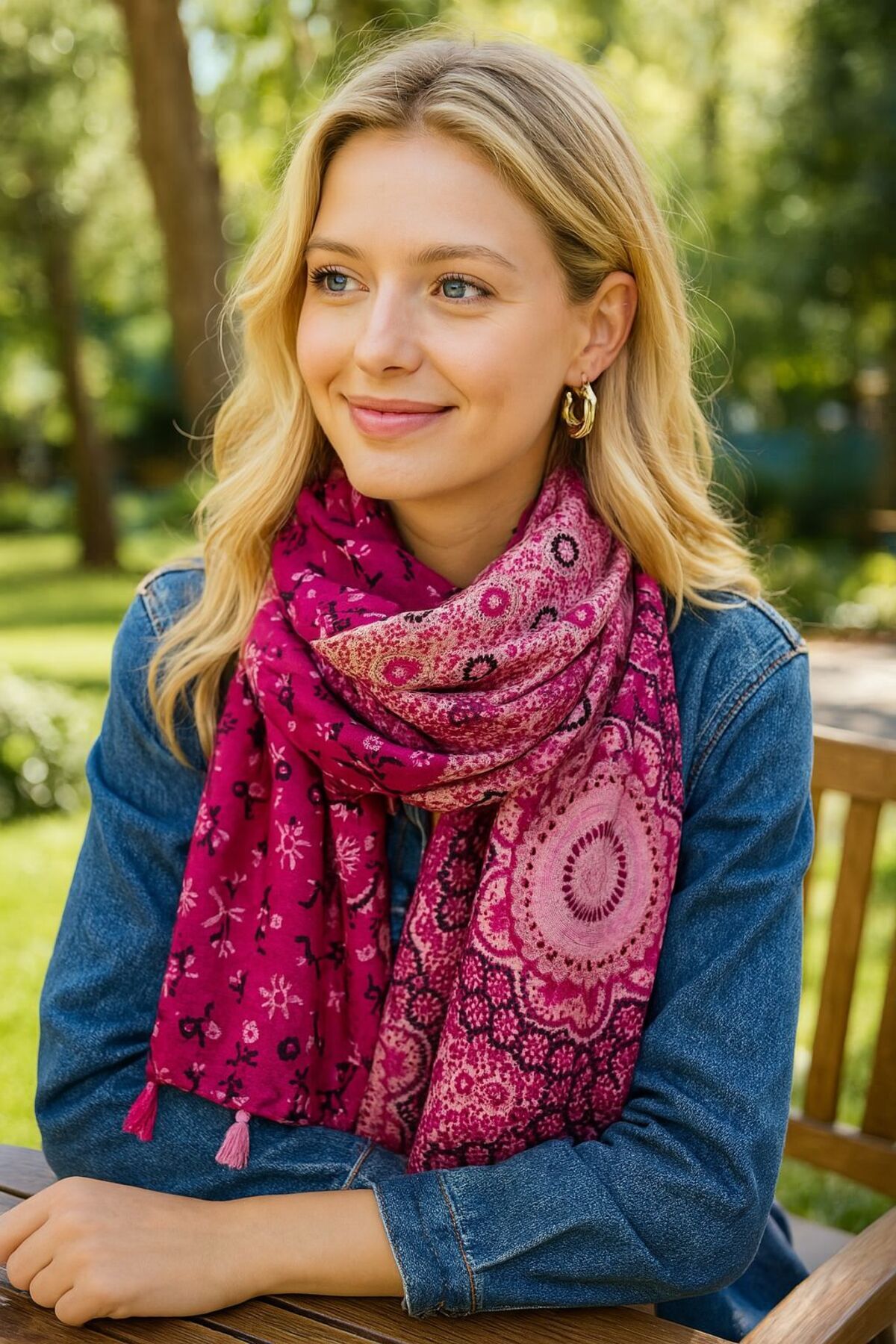 Axesoire-15069 Multi-Patterned Fuchsia Shawl with Tassels 1